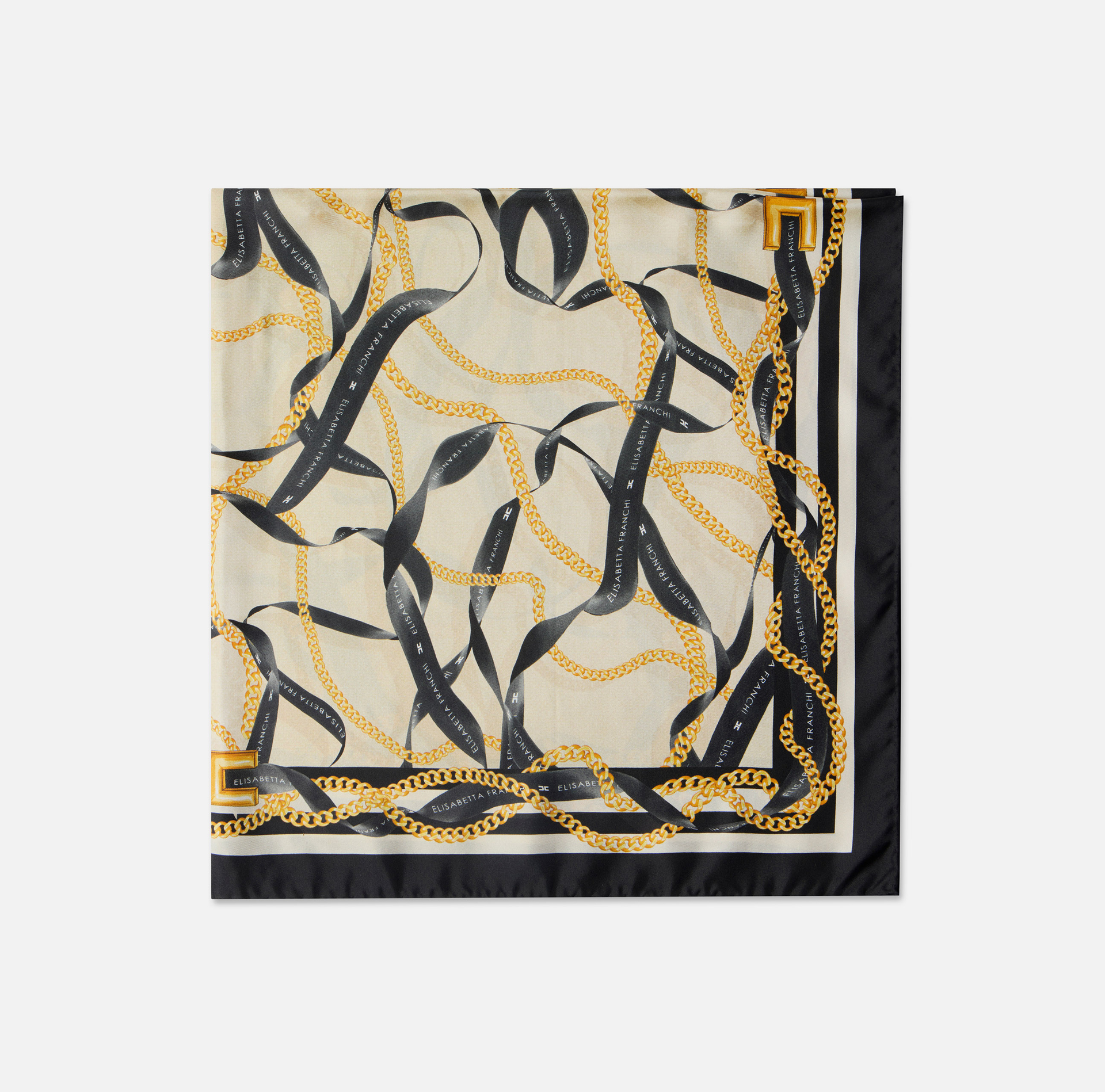 Foulard in twill di seta con stampa nastri e catene