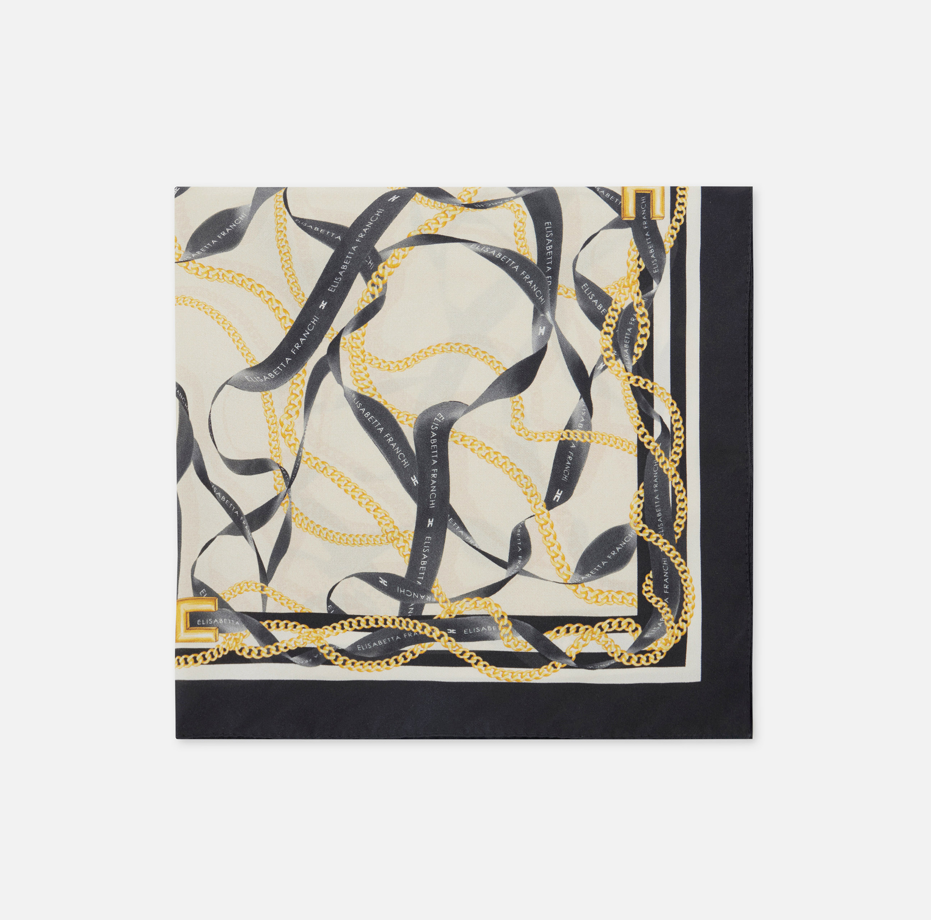 Apaszka z jedwabnego twillu z nadrukiem z motywem wstążek i łańcuszków - Elisabetta Franchi