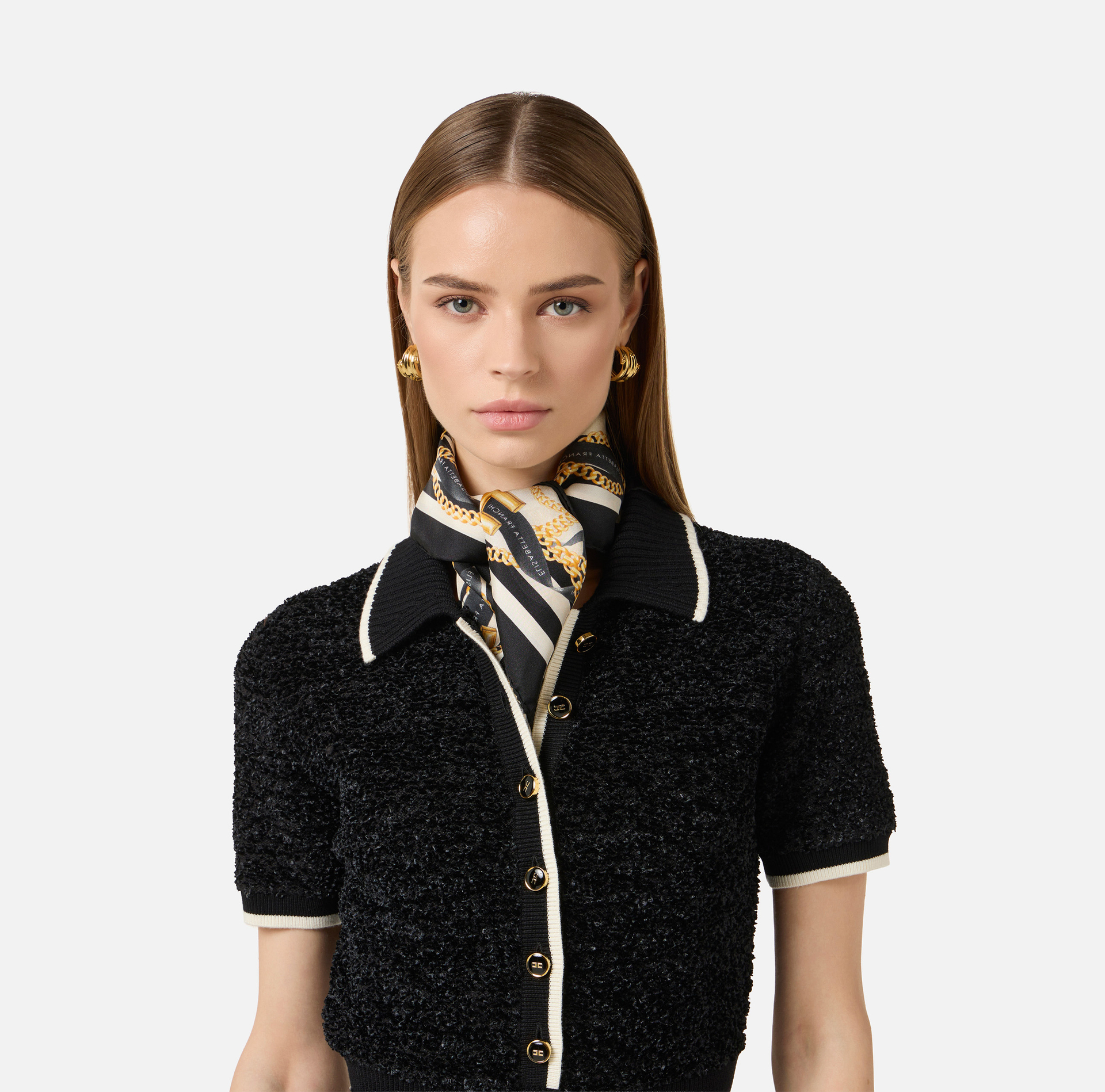 Apaszka z jedwabnego twillu z nadrukiem z motywem wstążek i łańcuszków - Elisabetta Franchi