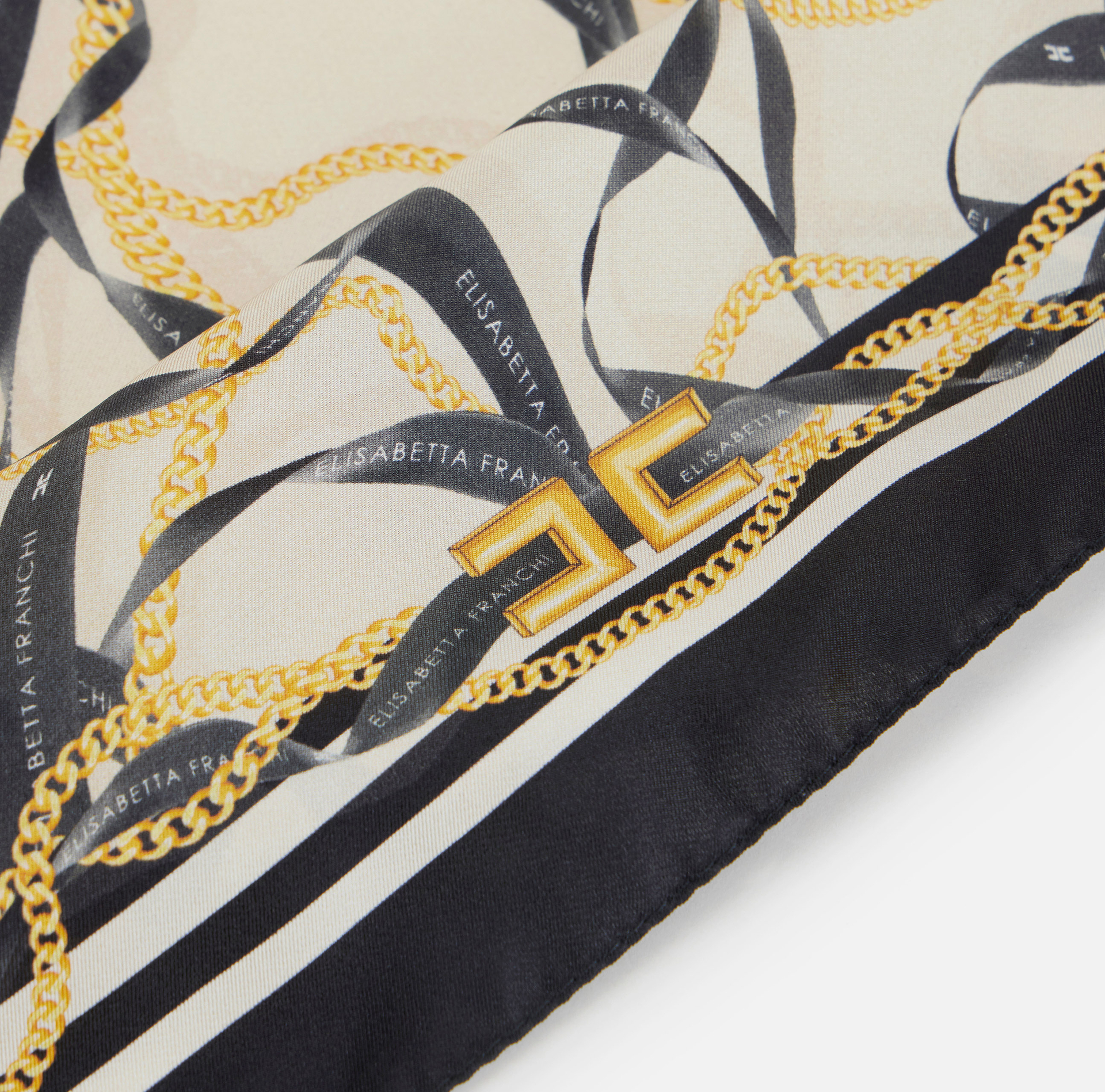 Apaszka z jedwabnego twillu z nadrukiem z motywem wstążek i łańcuszków - Elisabetta Franchi