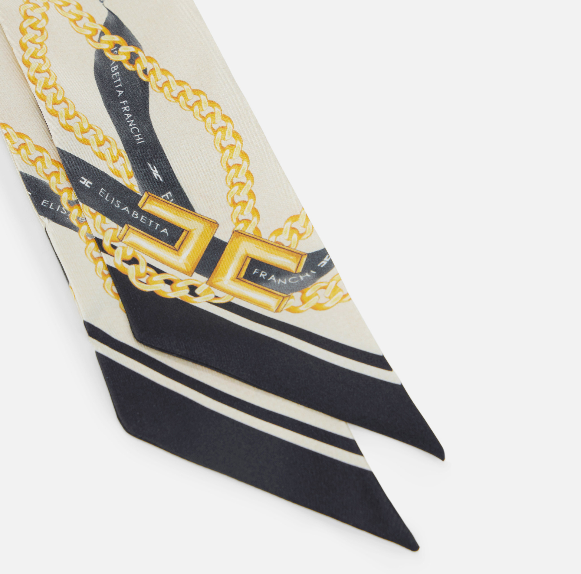 Wąska apaszka z jedwabnego twillu z nadrukiem z motywem wstążek i łańcuszków - Elisabetta Franchi