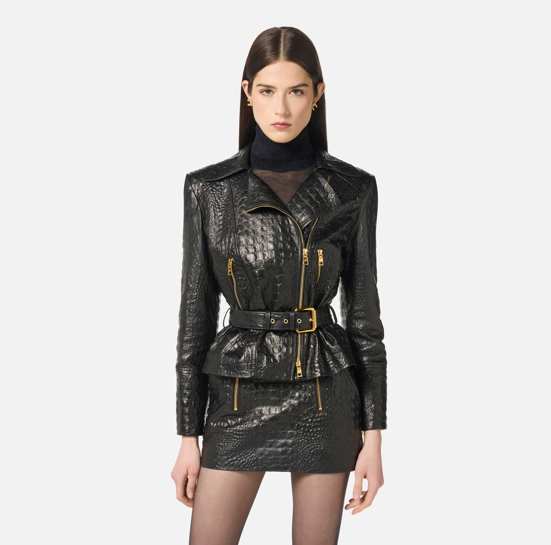 Chaqueta biker de piel con estampado de cocodrilo - Elisabetta Franchi