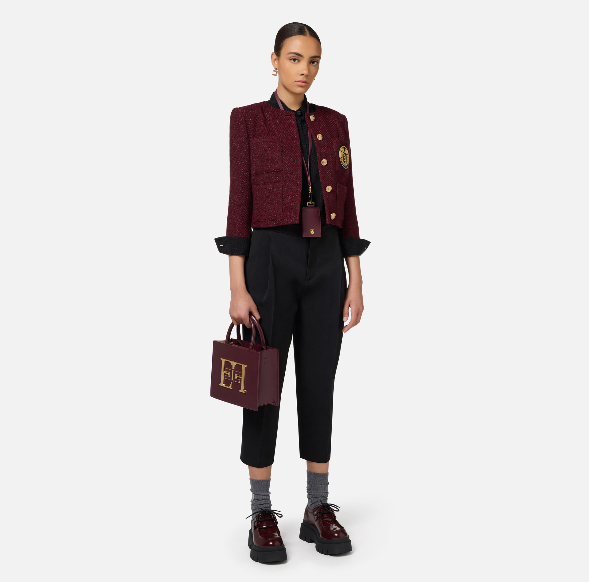 Giacca cropped in tweed laminato con tasche - Elisabetta Franchi