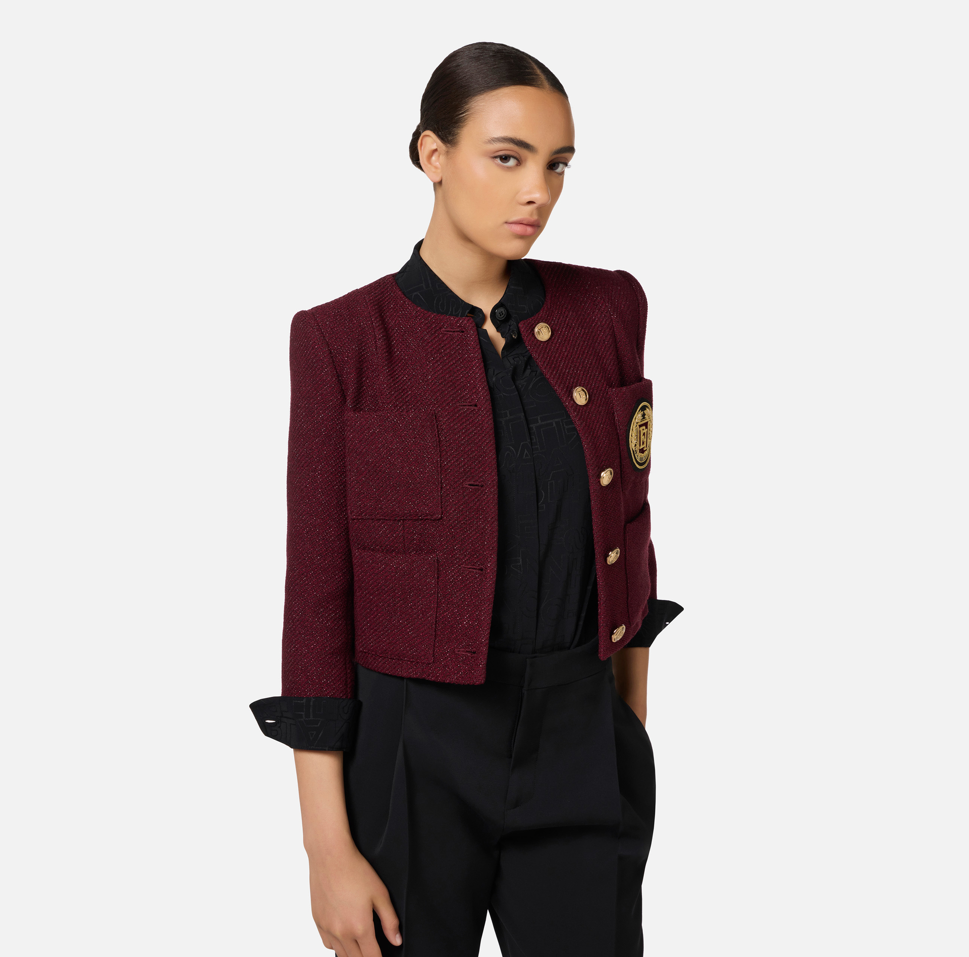 Giacca cropped in tweed laminato con tasche - Elisabetta Franchi