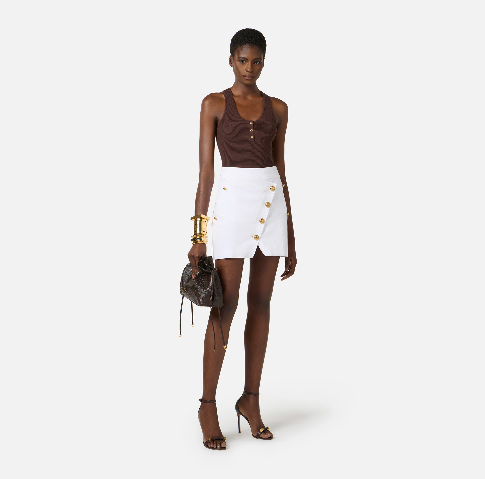 Cotton gabardine miniskirt with jewel buttons - Elisabetta Franchi
