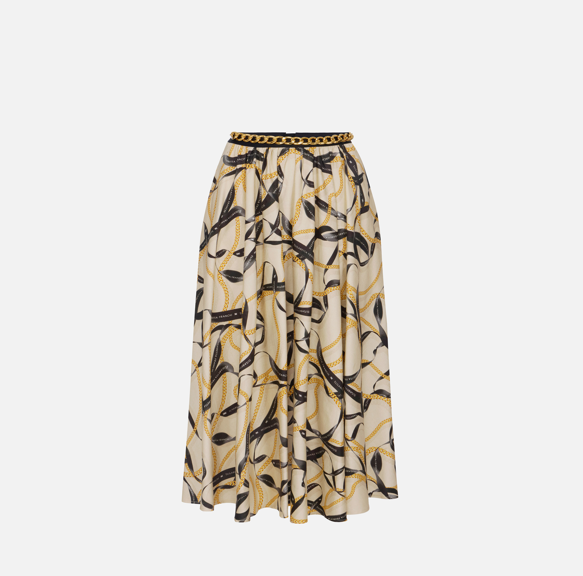 Gonna in cotone con stampa nastri e catene