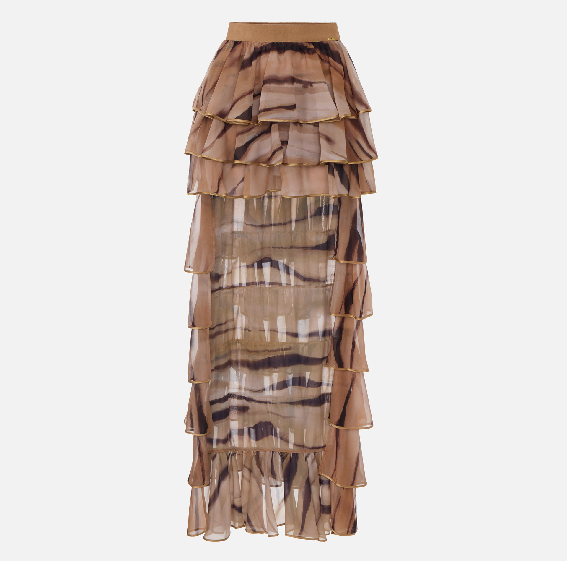 Minigonna in crêpe con drappeggio e accessorio metallico dorato laterale