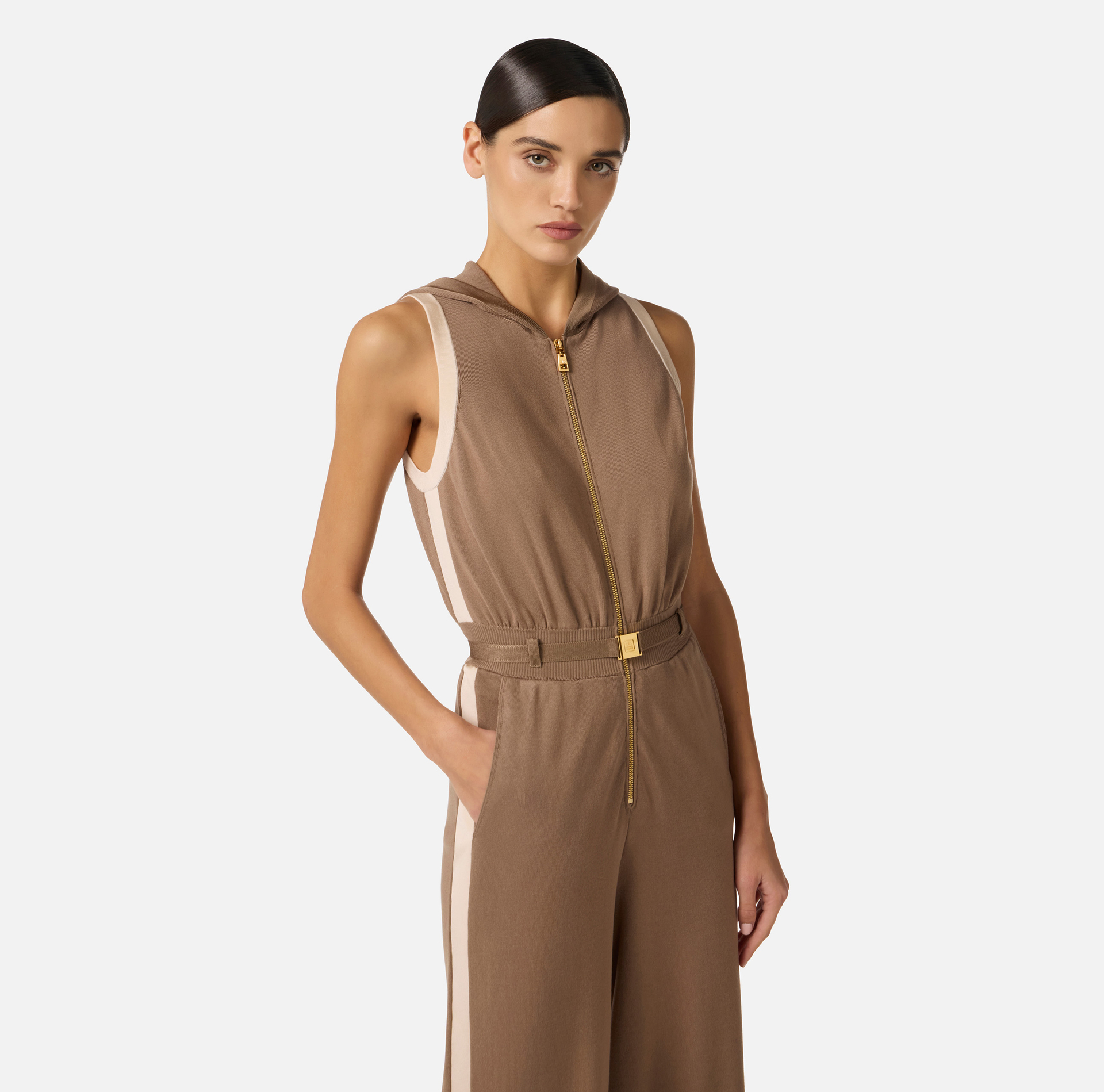 Knit fabric jumpsuit with shiny viscose bands - Elisabetta Franchi