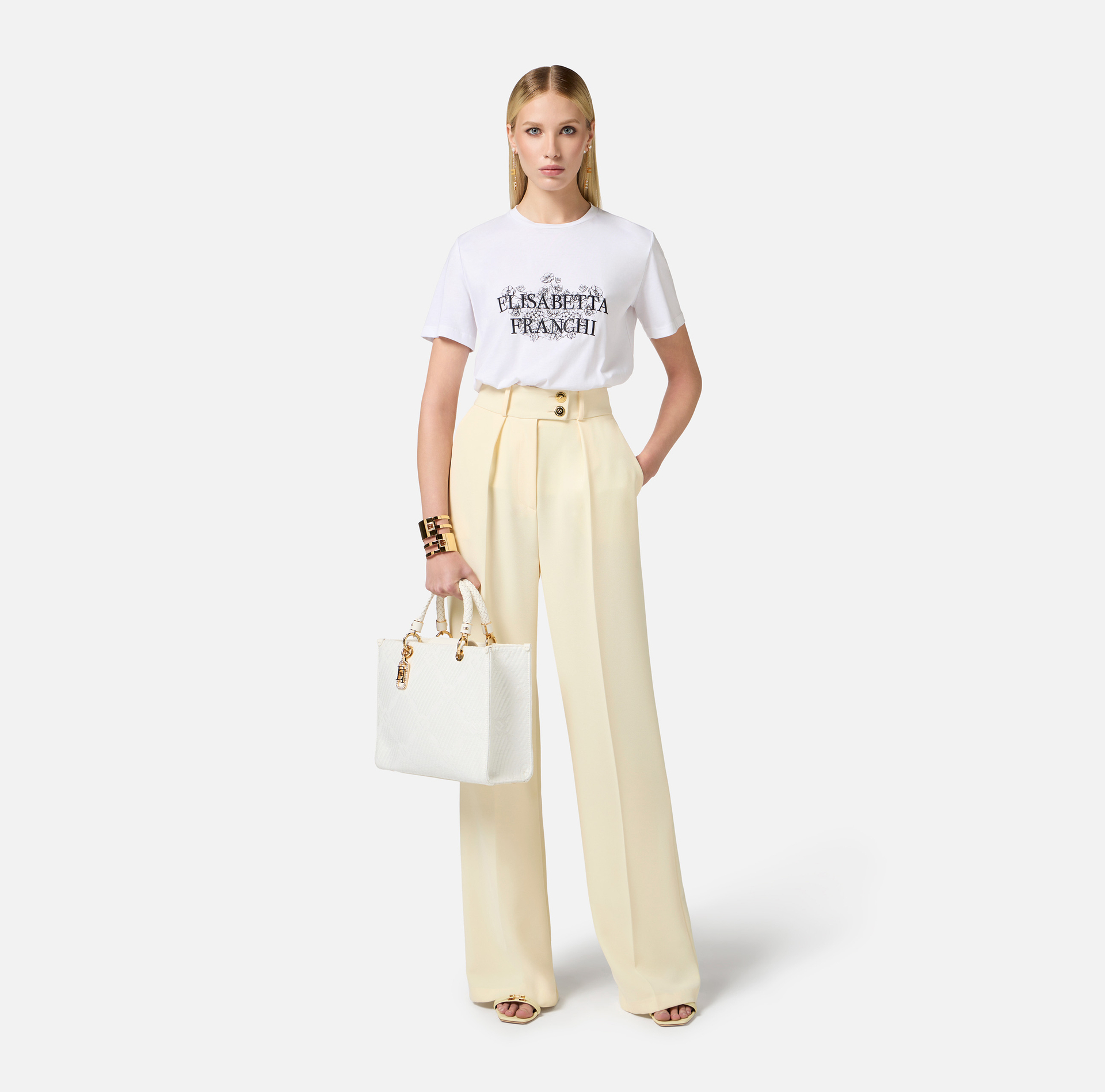 T-shirt z dżerseju z nadrukiem i haftem - Elisabetta Franchi