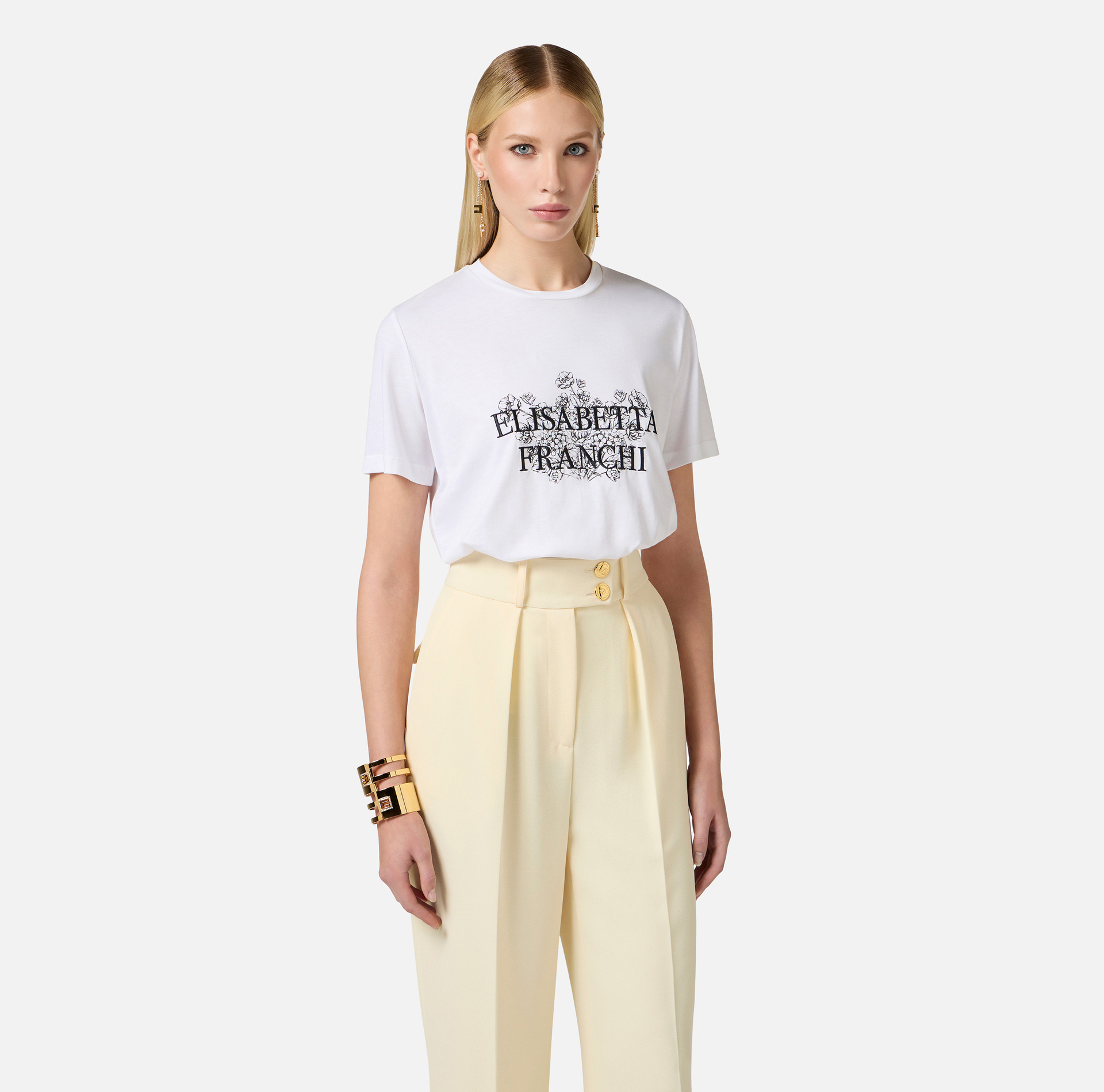 T-shirt z dżerseju z nadrukiem i haftem - Elisabetta Franchi