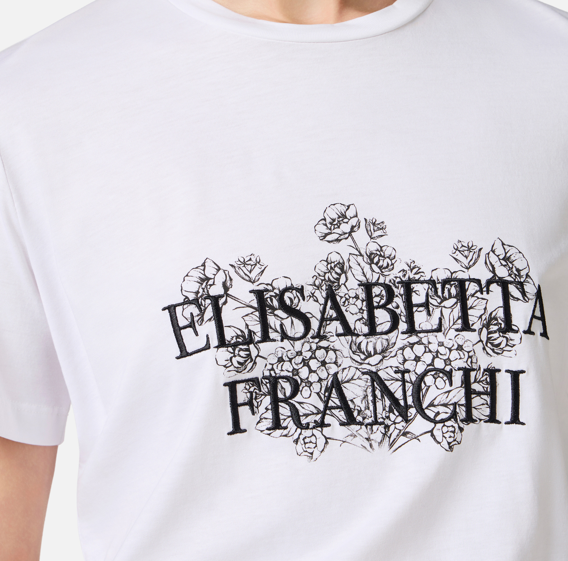 T-shirt z dżerseju z nadrukiem i haftem - Elisabetta Franchi