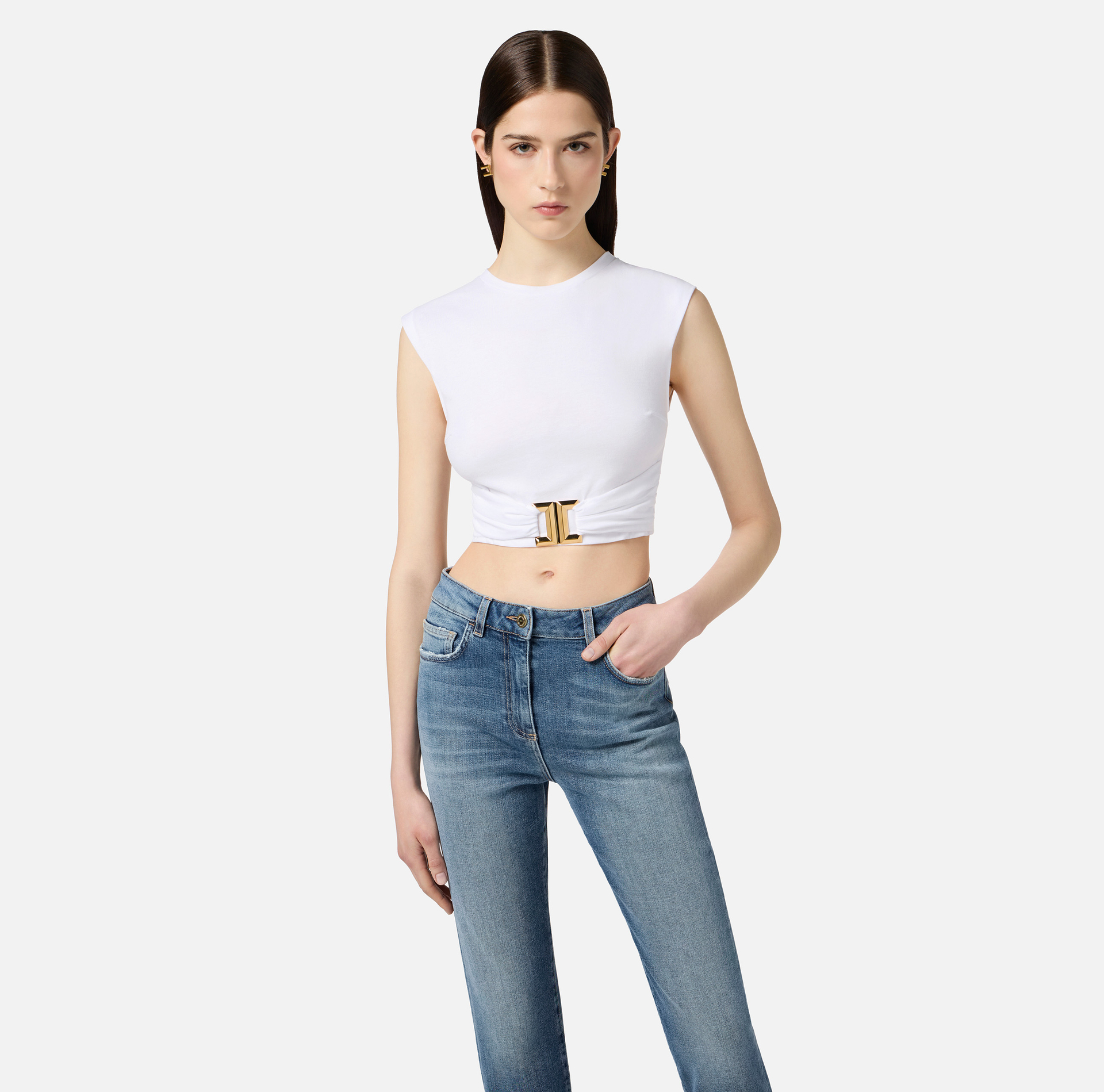 Camiseta de punto de algodón con logotipo joya - Elisabetta Franchi