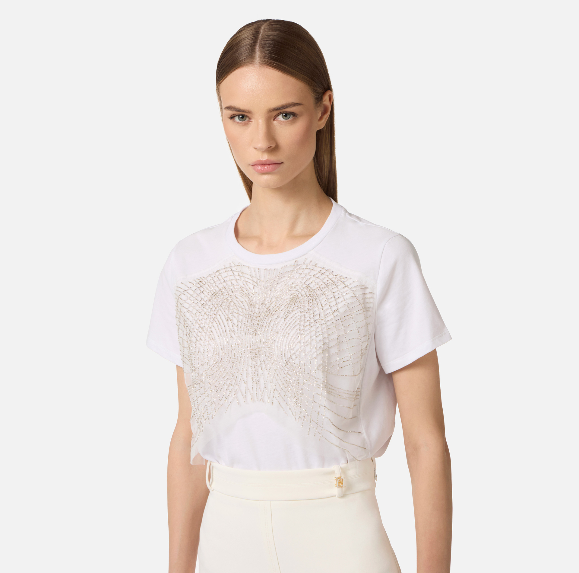 T-shirt z dżerseju z naszywanymi kryształkami - Elisabetta Franchi