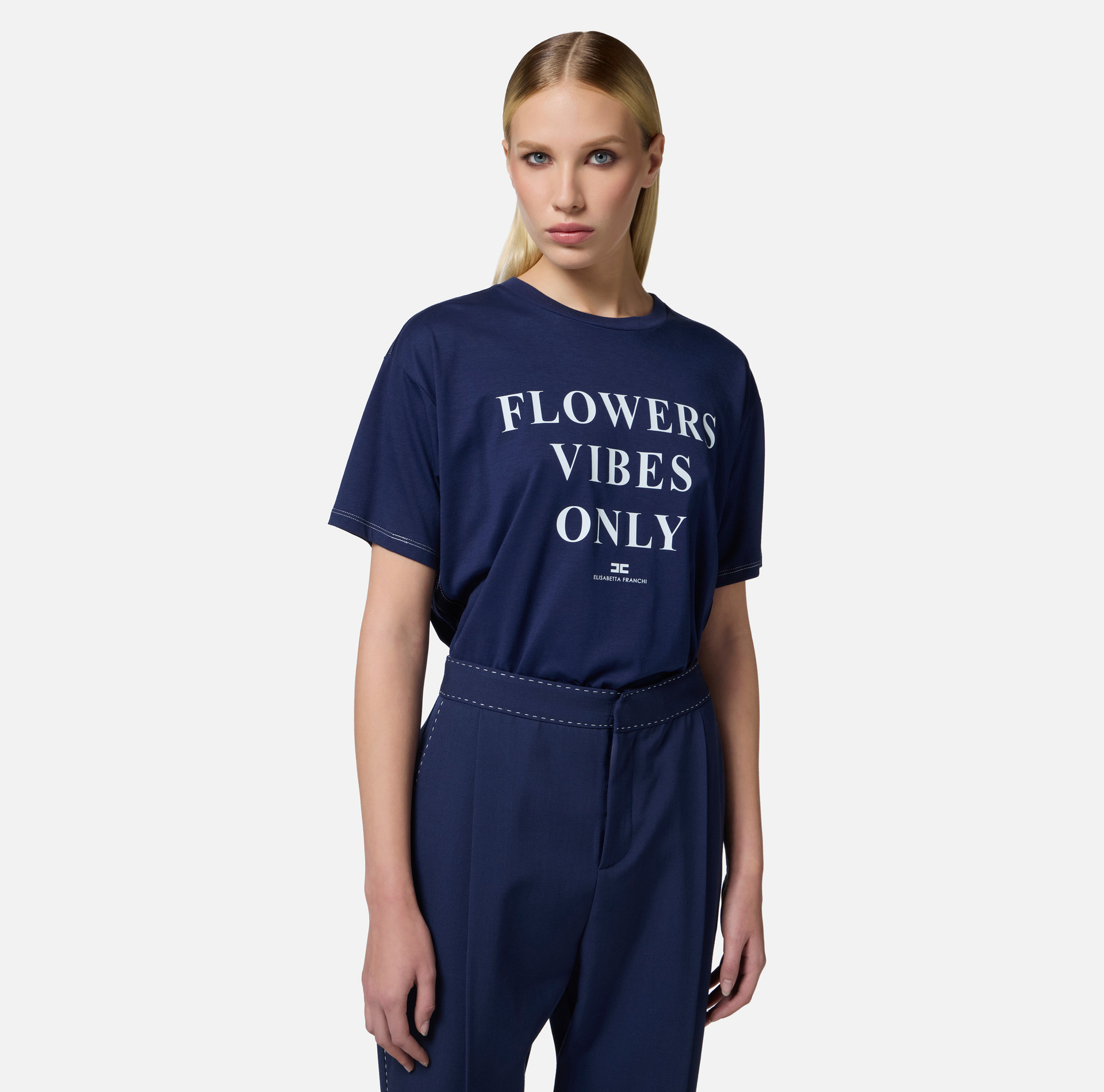 T-shirt in jersey con stampa e bande di raso - Elisabetta Franchi
