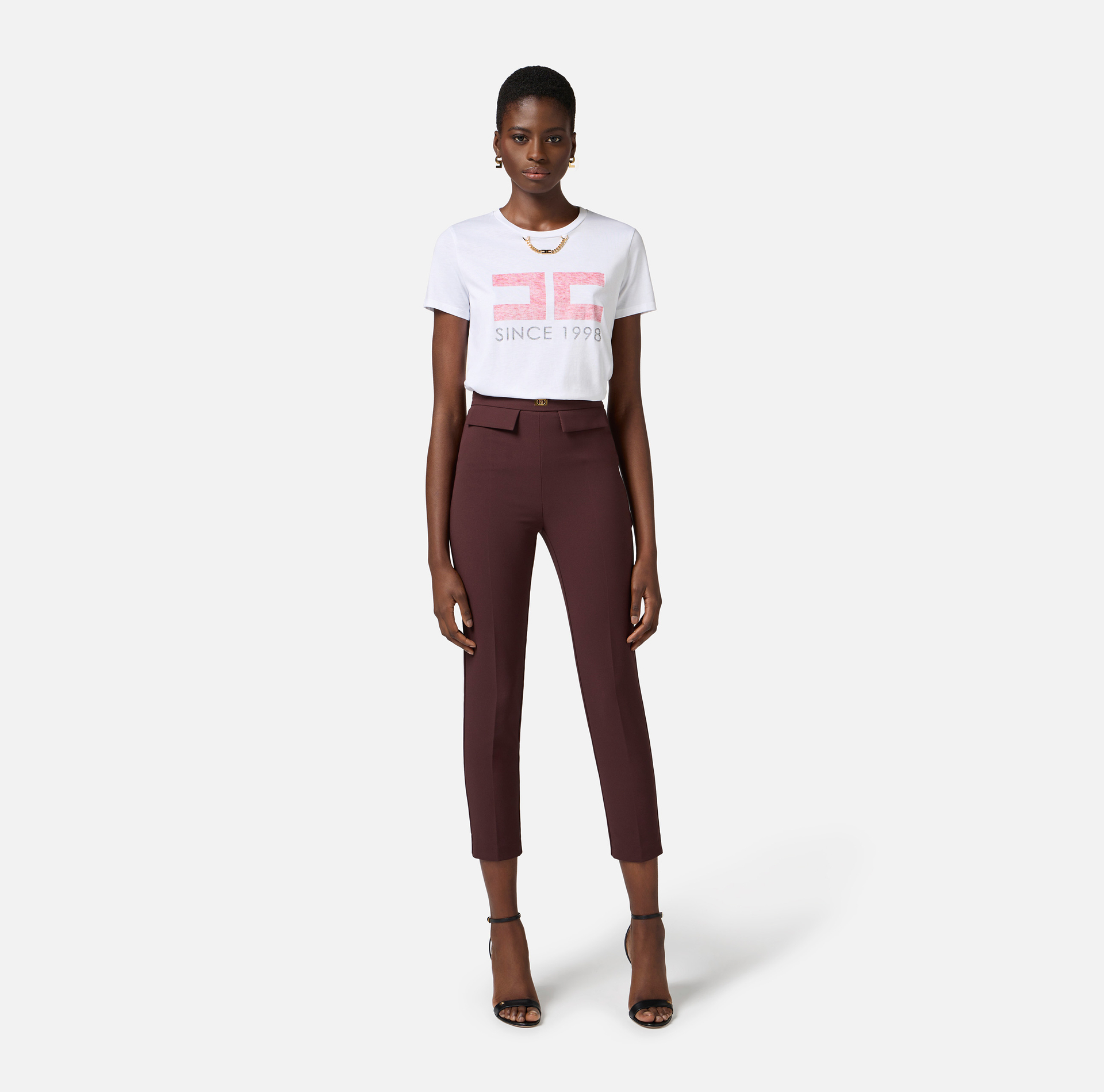 T-shirt z dżerseju z nadrukiem i łańcuszkiem - Elisabetta Franchi