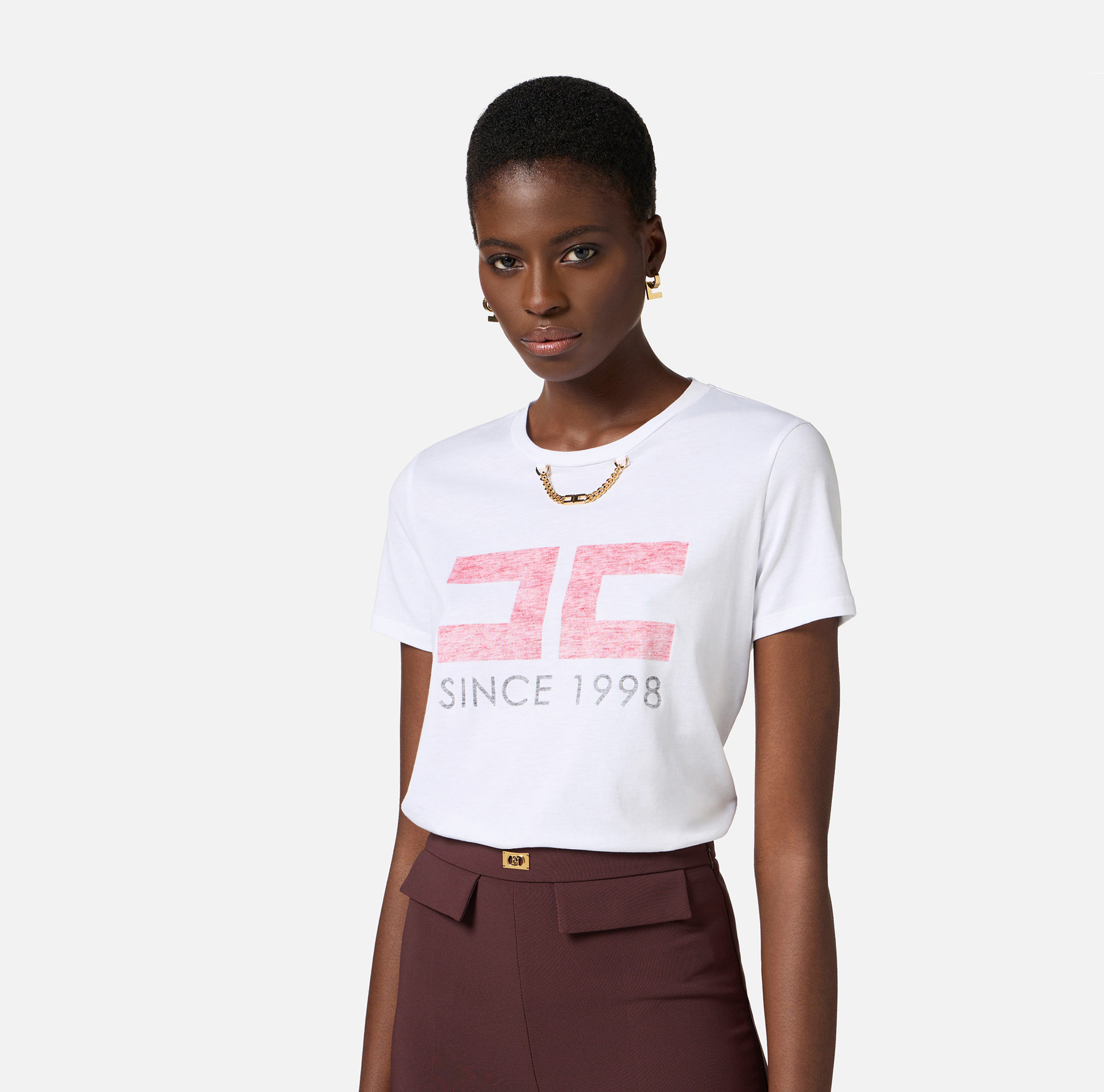 T-shirt z dżerseju z nadrukiem i łańcuszkiem - Elisabetta Franchi