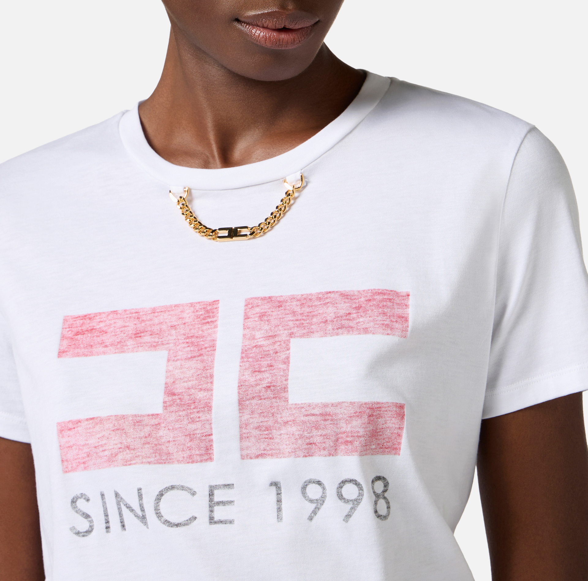 T-shirt z dżerseju z nadrukiem i łańcuszkiem - Elisabetta Franchi