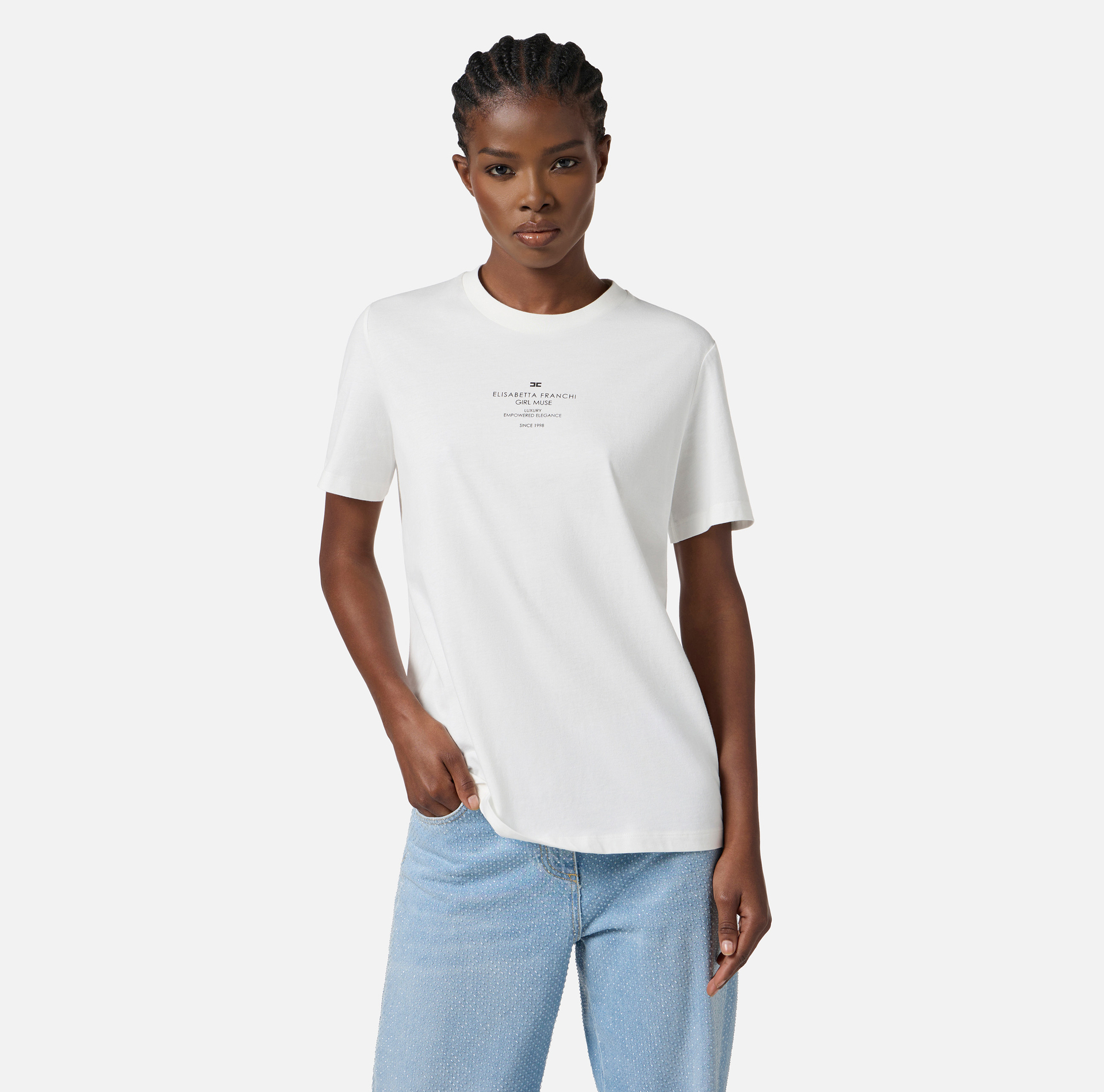 T-shirt van katoentricot met print - Elisabetta Franchi