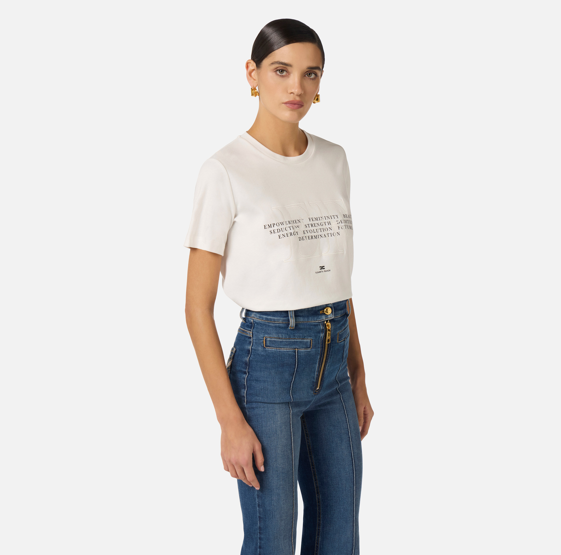 T-shirt z dżerseju z haftem i nadrukiem - Elisabetta Franchi