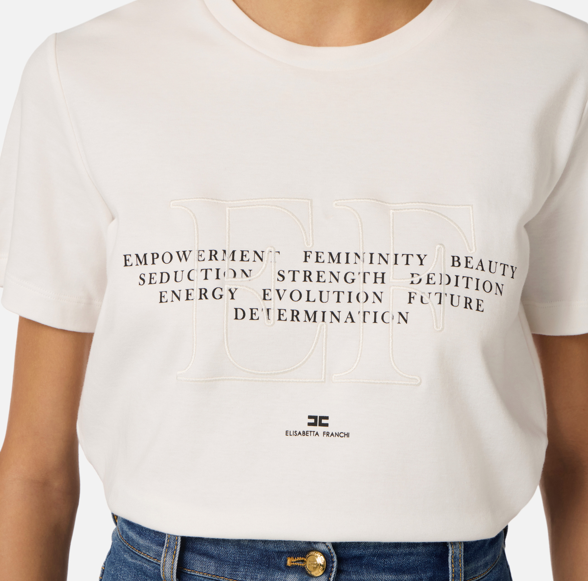 T-shirt z dżerseju z haftem i nadrukiem - Elisabetta Franchi