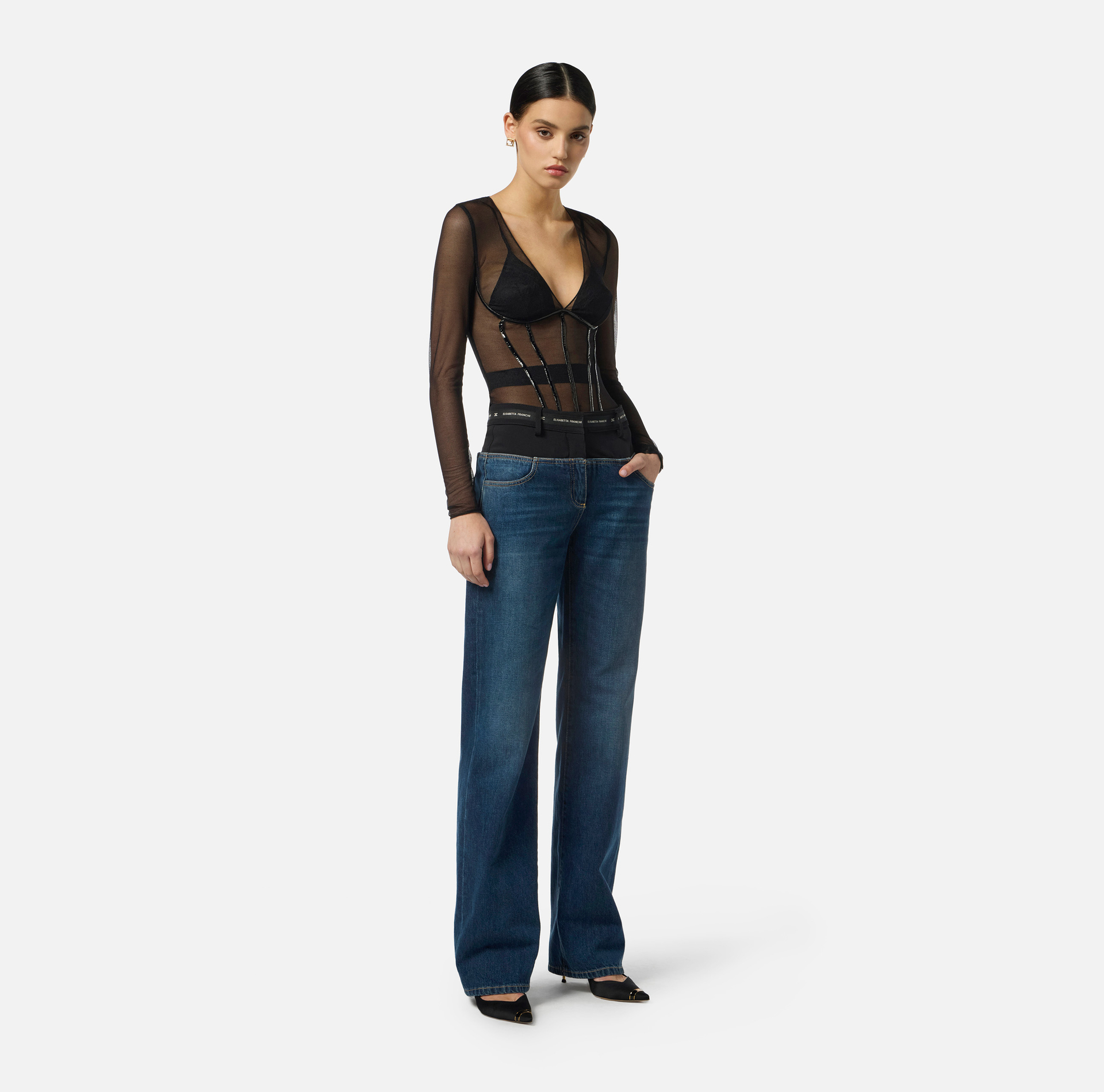Top in tulle fabric with vinyl details - Elisabetta Franchi