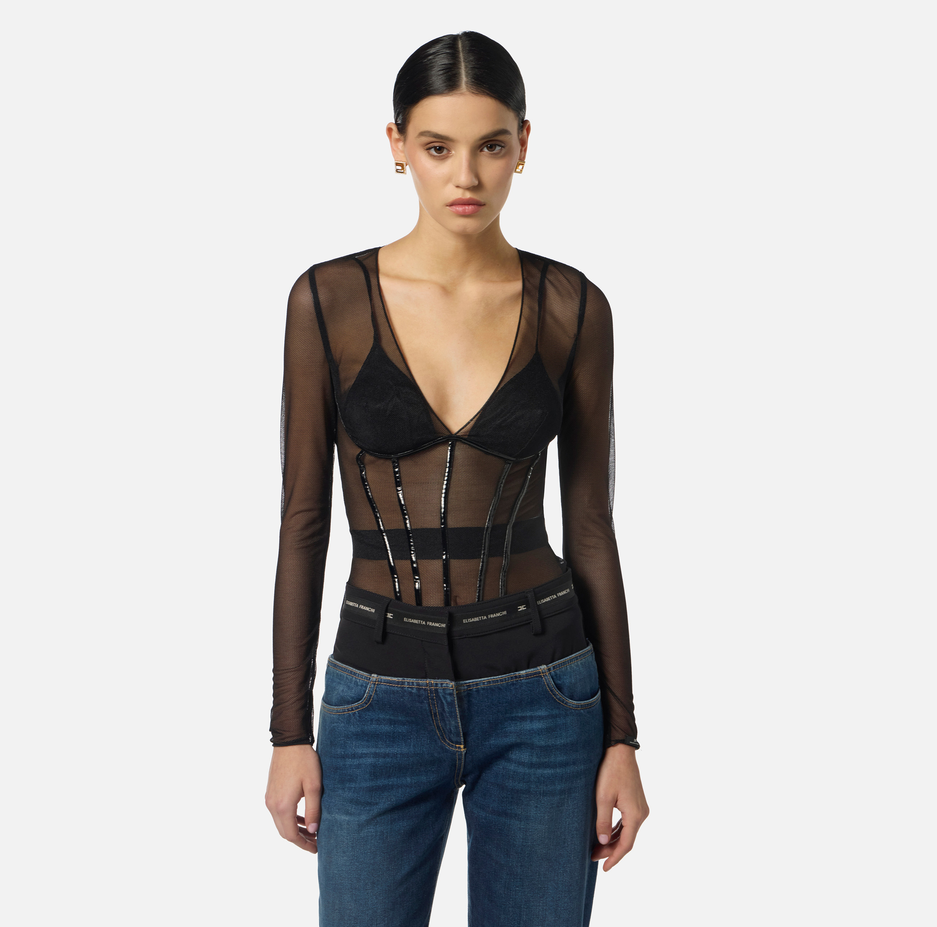 Top in tulle fabric with vinyl details - Elisabetta Franchi