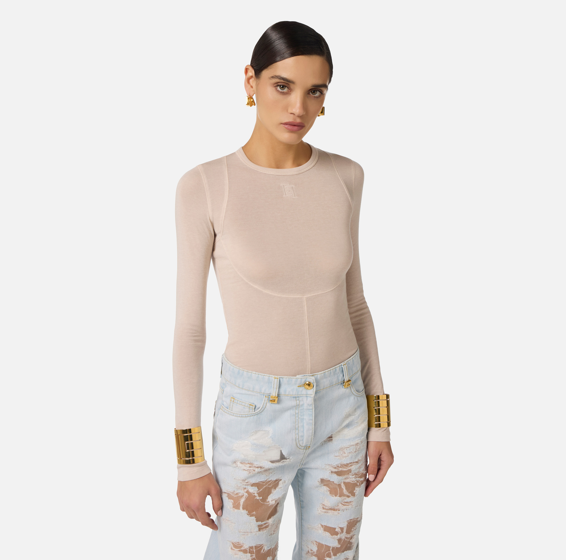 Sweter z lekkiego dżerseju z wyszywanym logo - Elisabetta Franchi