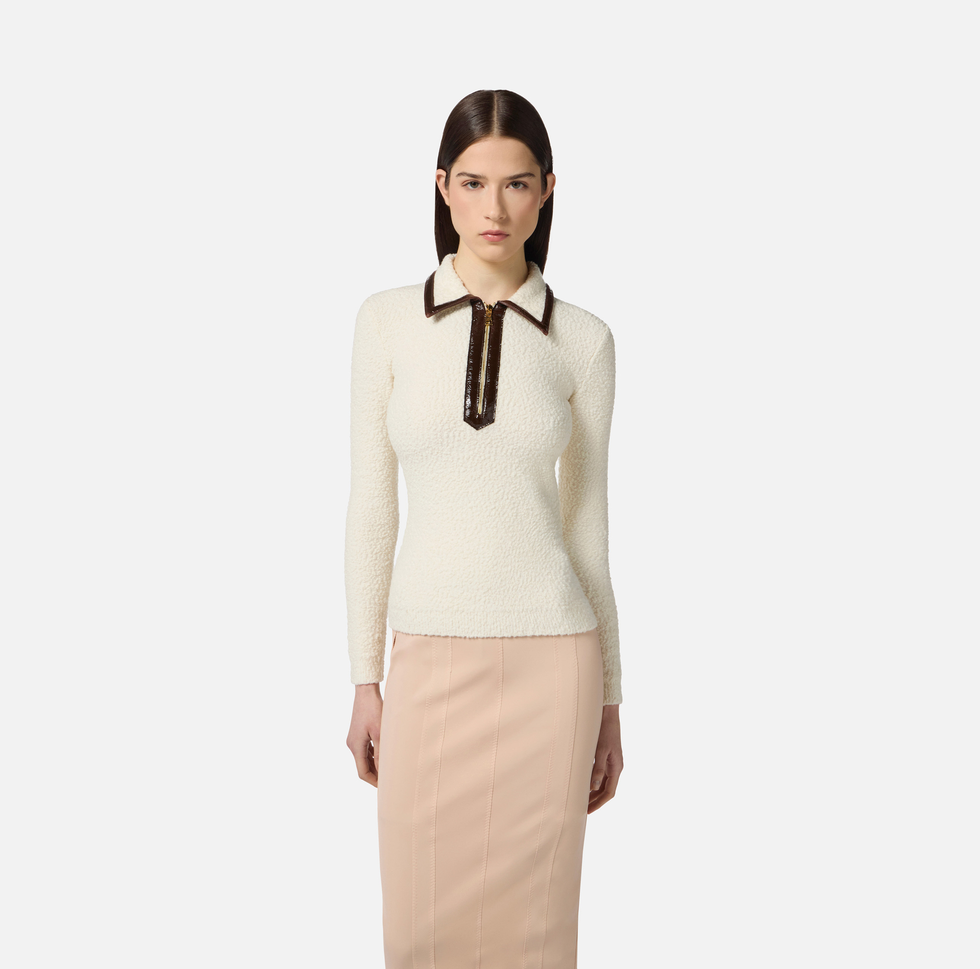 Bouclé knit polo shirt with vinyl details - Elisabetta Franchi