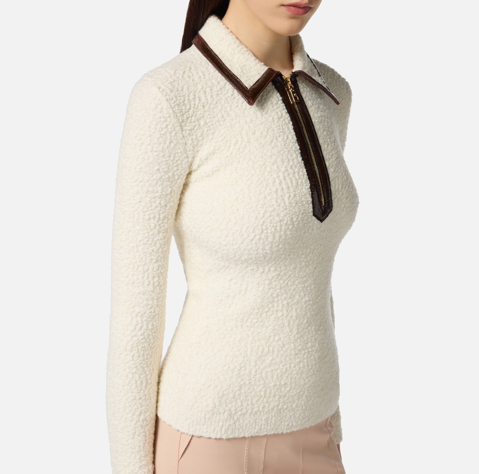 Bouclé knit polo shirt with vinyl details - Elisabetta Franchi