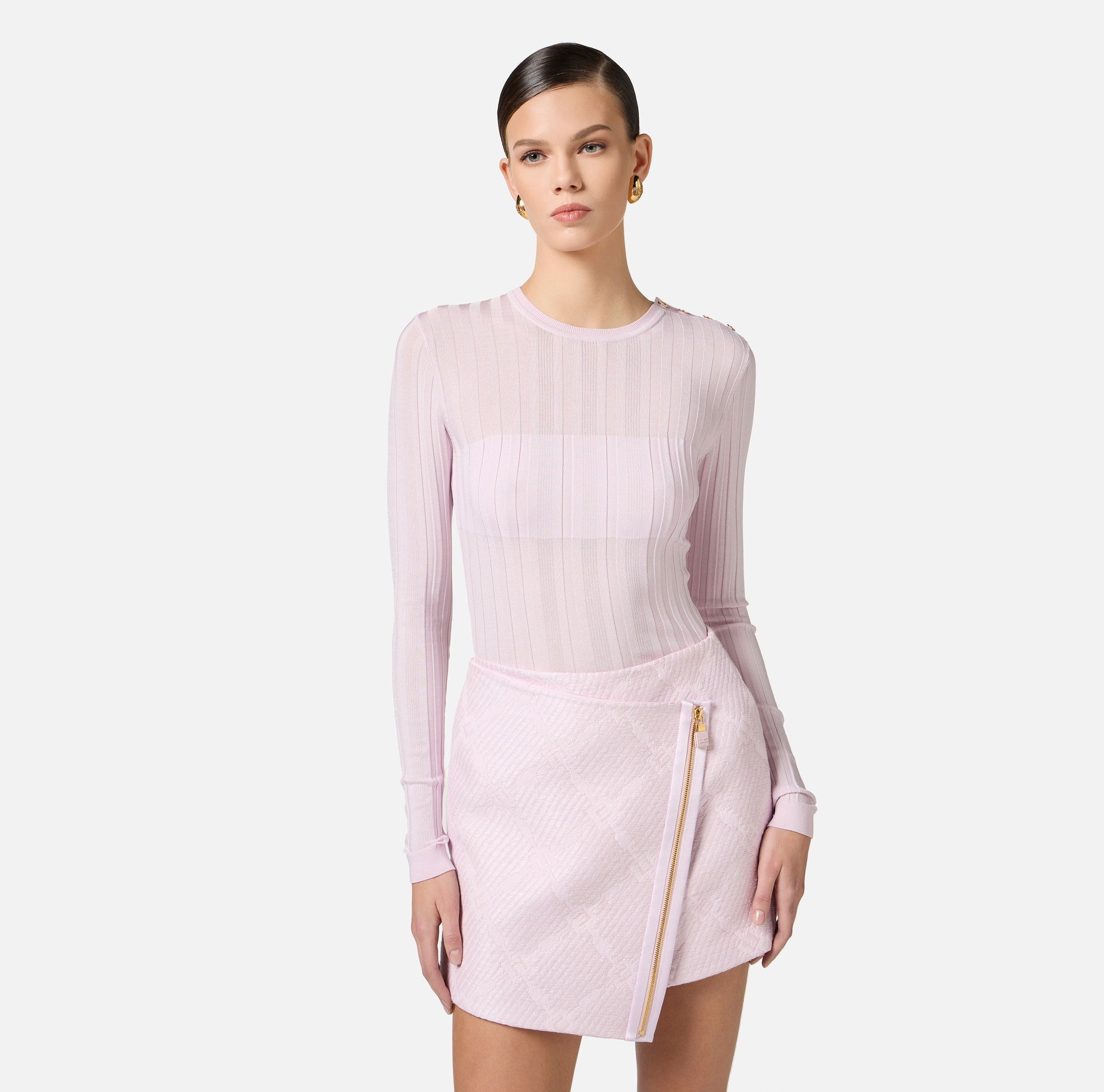 Sweter z bawełny z przezroczystymi pasami i złotymi guzikami - Elisabetta Franchi