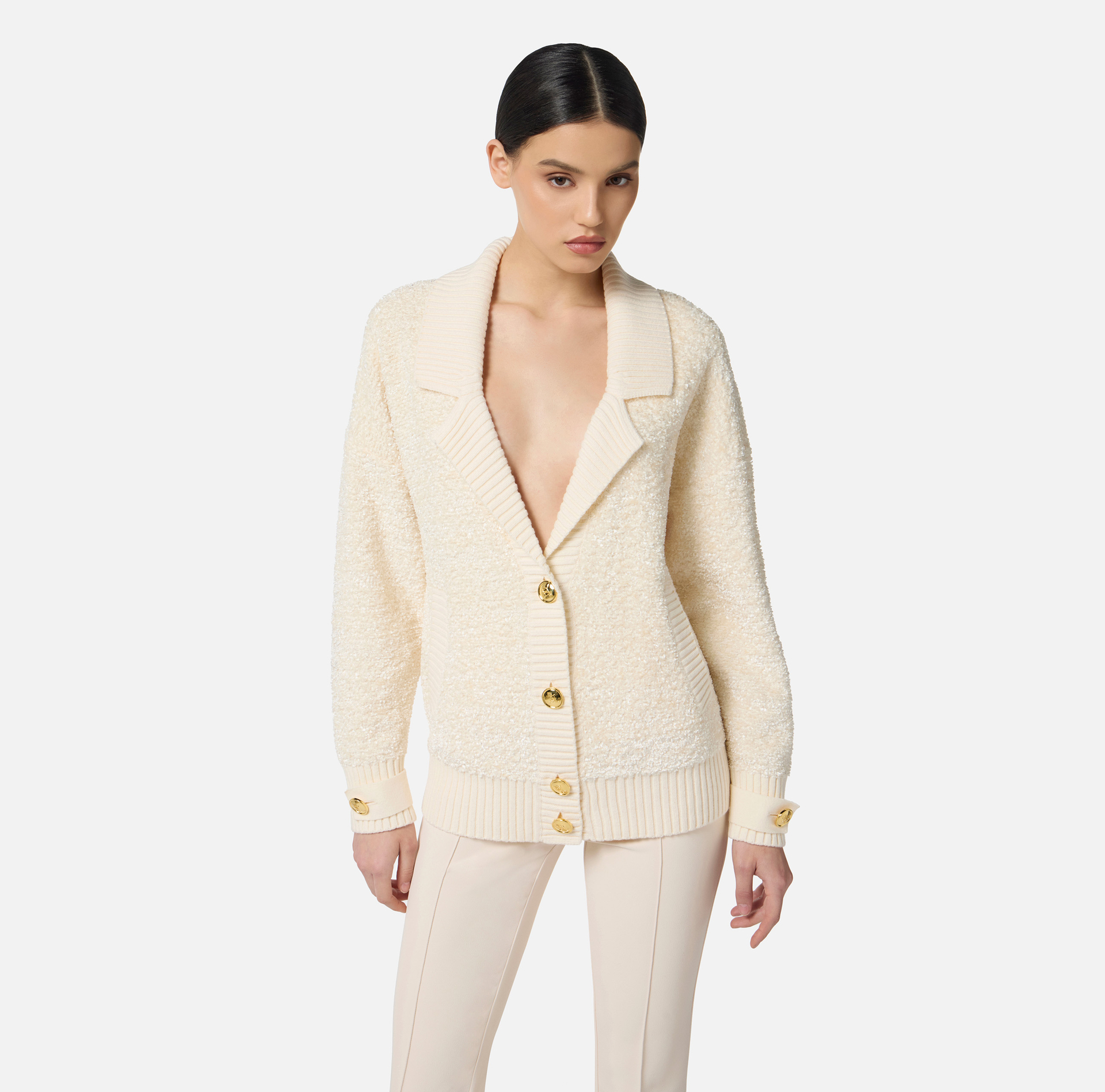 Cárdigan de chenilla bouclé con botones joya - Elisabetta Franchi