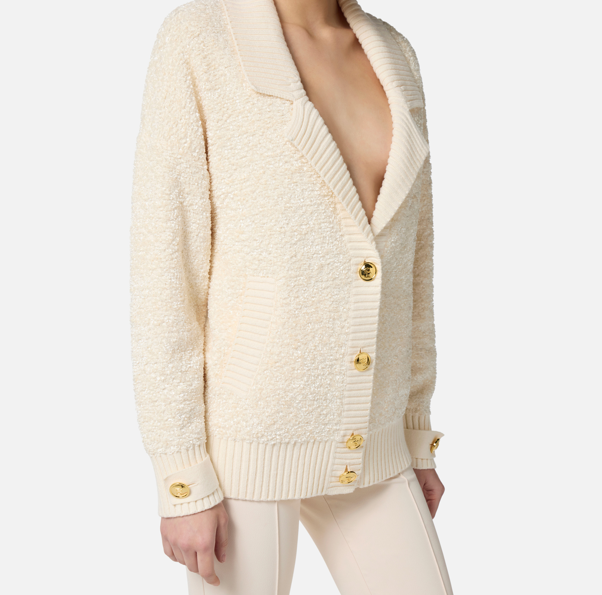 Cárdigan de chenilla bouclé con botones joya - Elisabetta Franchi