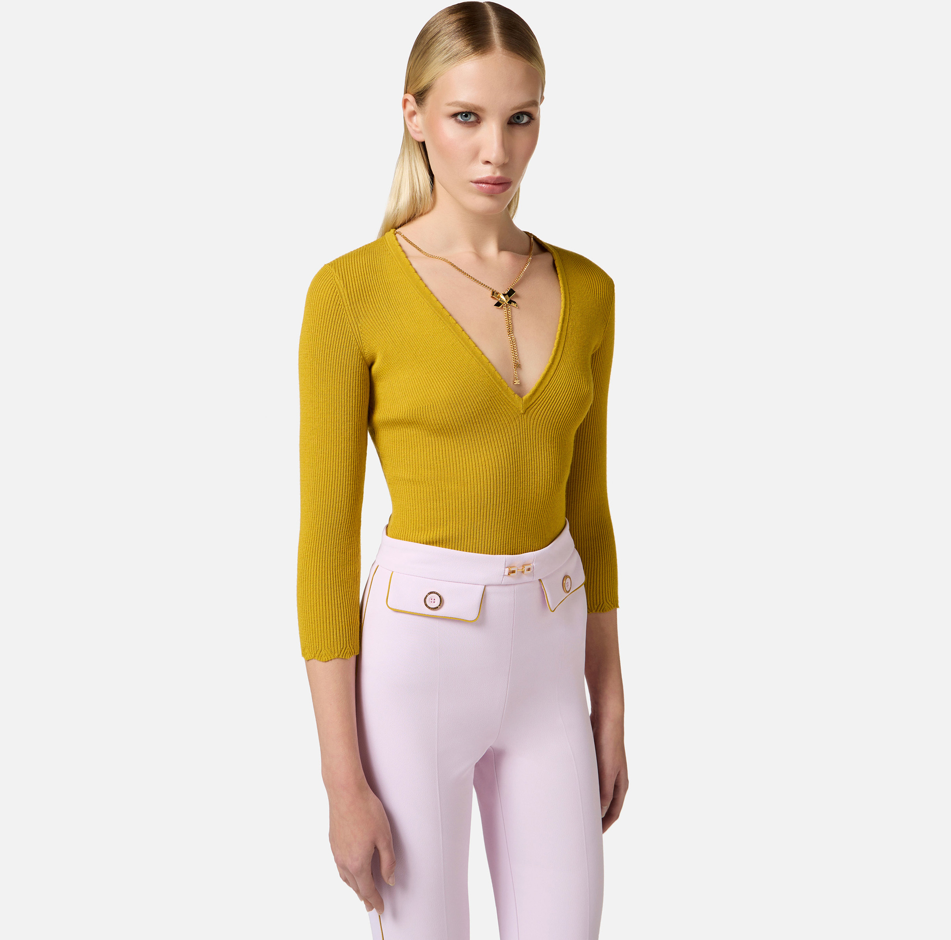 Sweter z prążkowanej wiskozy z łańcuszkiem - Elisabetta Franchi