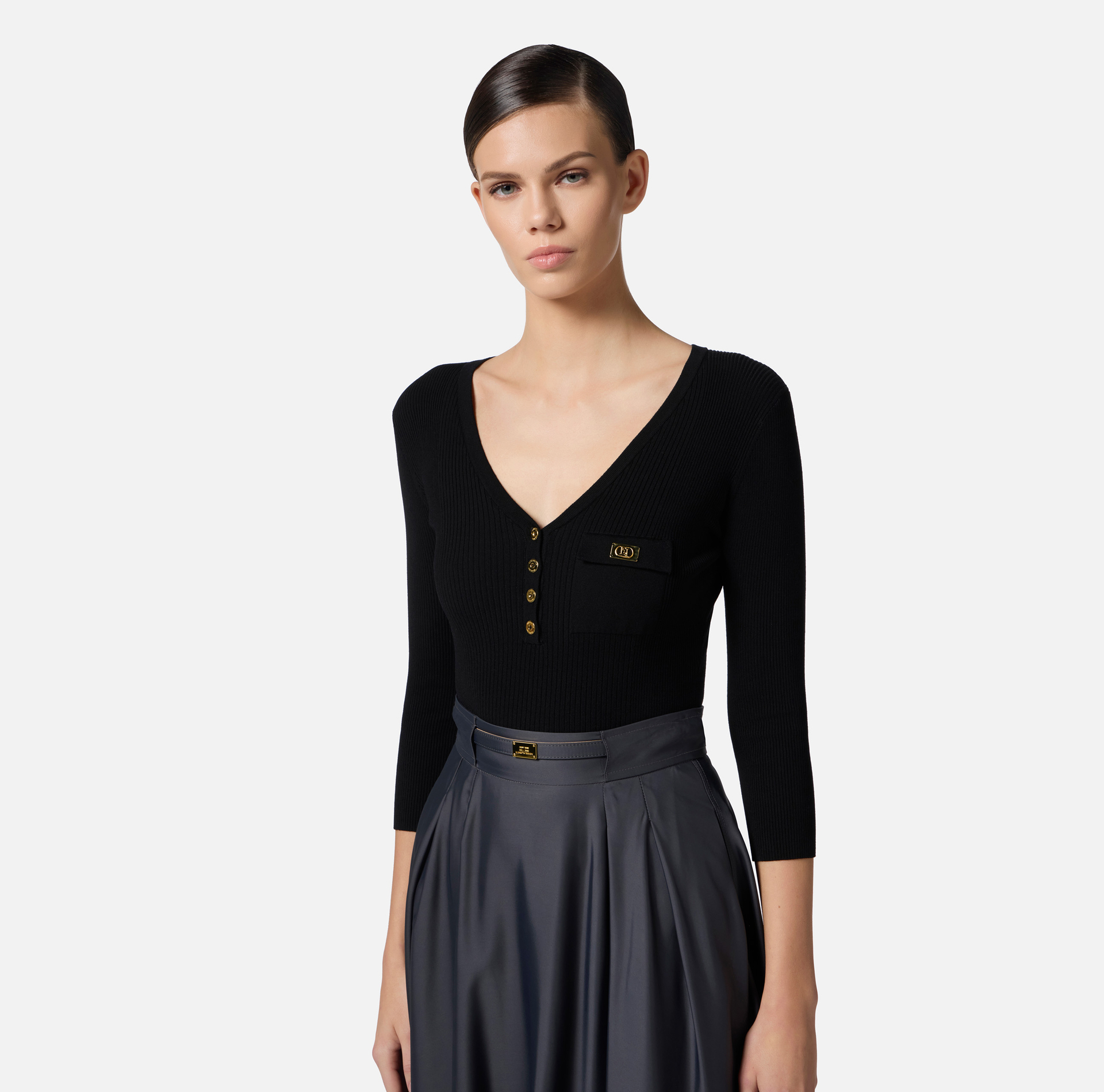 Sweter z mikro prążkowaniem z kieszonką - Elisabetta Franchi