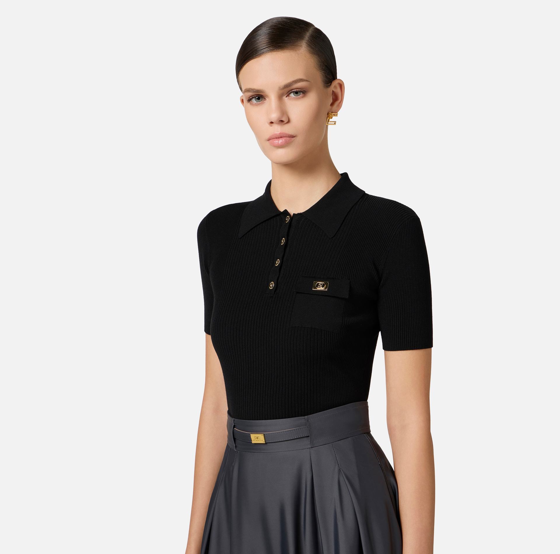 Micro-ribbed polo shirt with breast pocket - Elisabetta Franchi