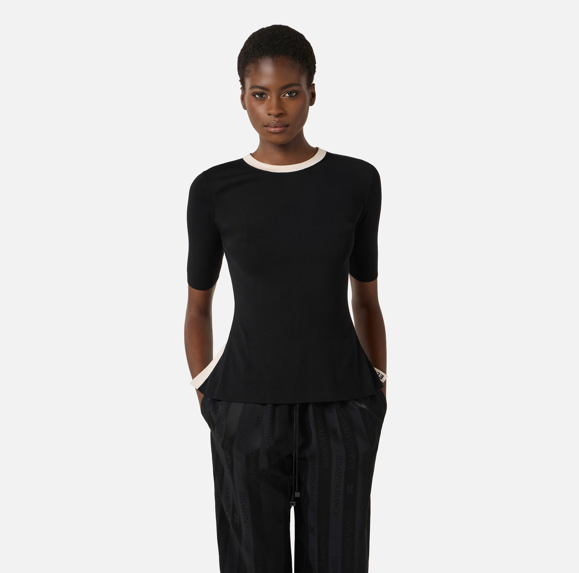 Dzianinowy top z panelami z błyszczącej wiskozy - Elisabetta Franchi