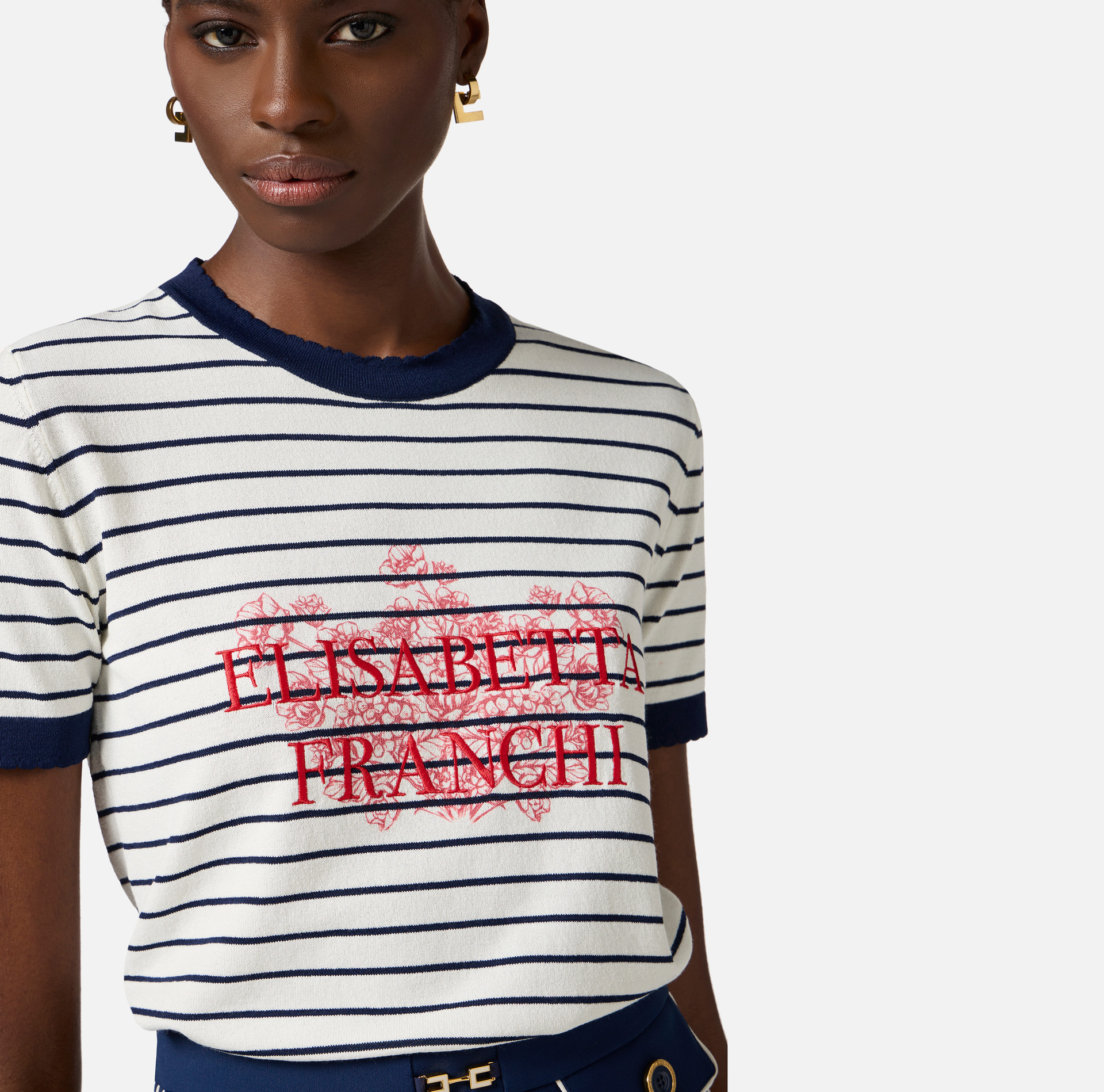 T-shirt in viscosa con stampa e ricami - Elisabetta Franchi