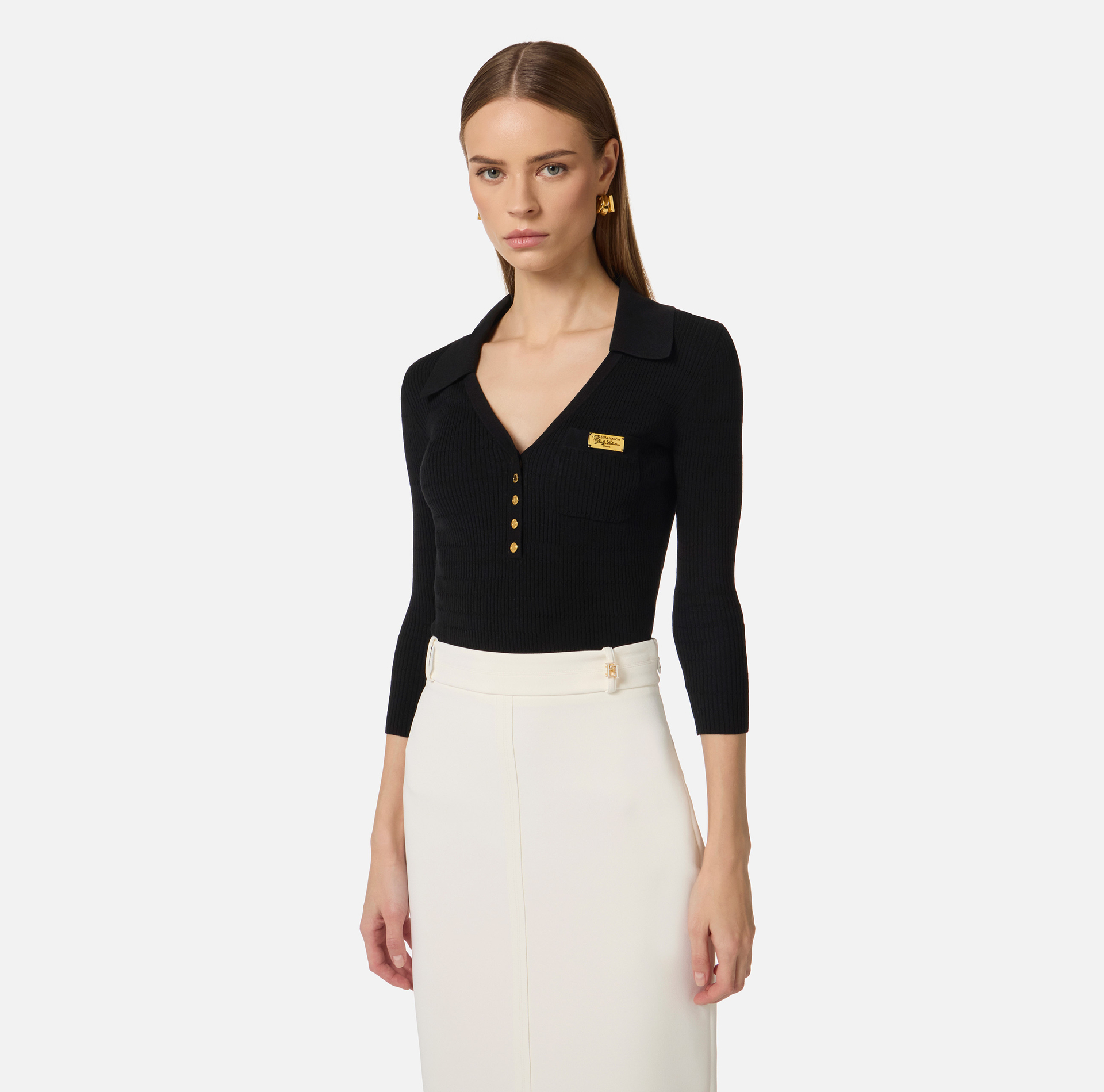 Dzianinowa koszulka polo w mikro warkocze - Elisabetta Franchi