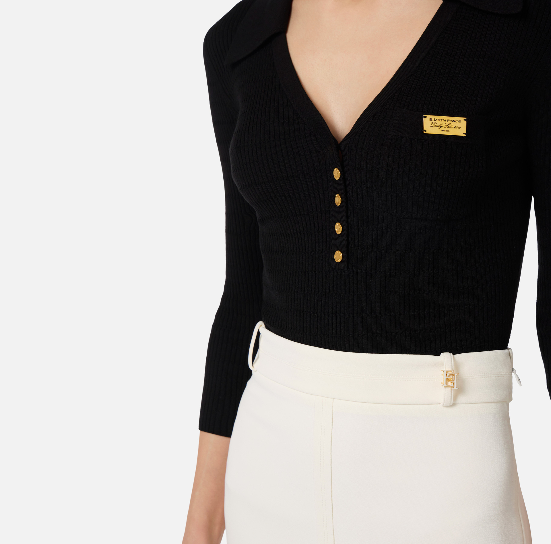 Dzianinowa koszulka polo w mikro warkocze - Elisabetta Franchi