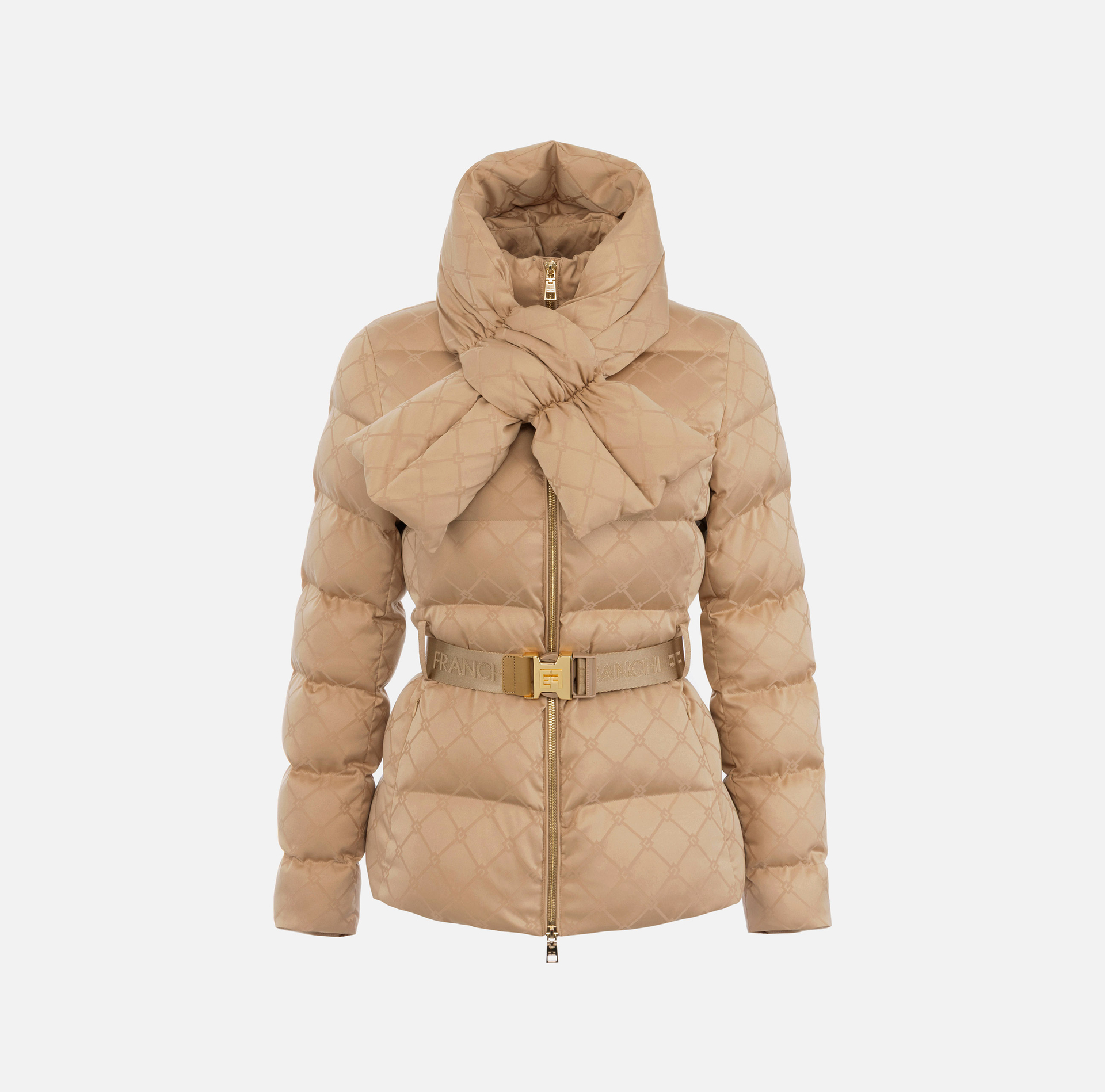 Down jacket in jacquard voile fabric with belt - Elisabetta Franchi