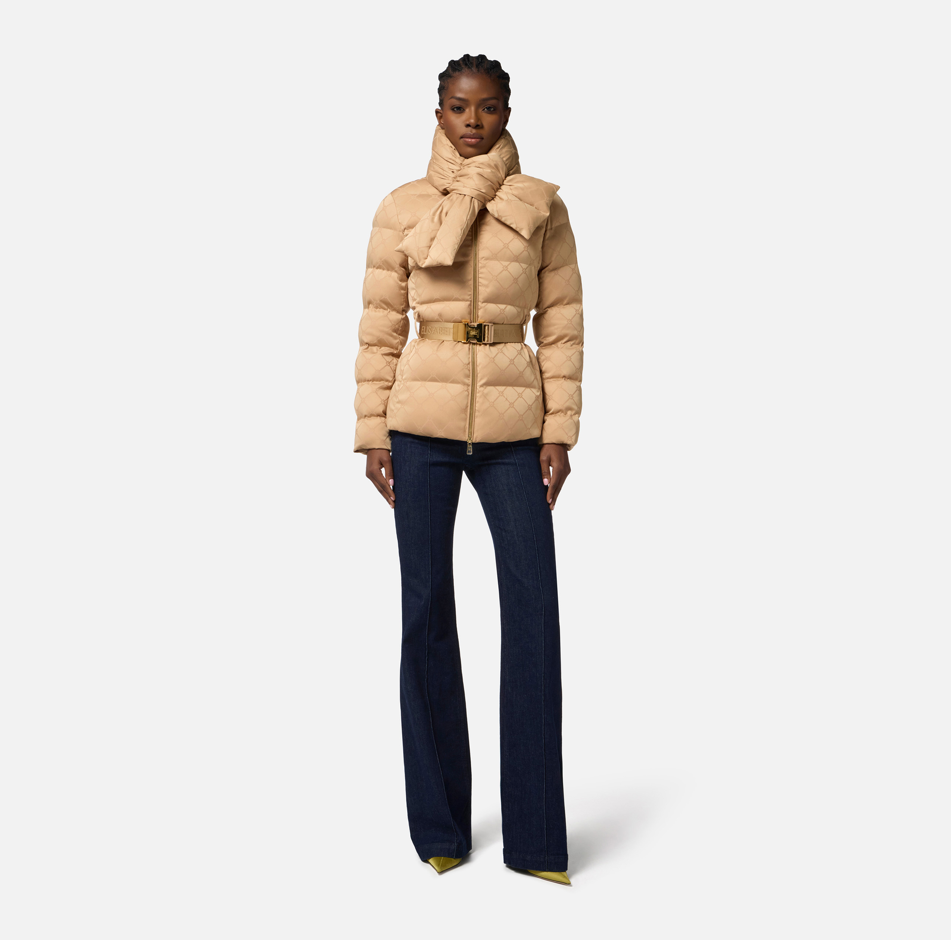 Down jacket in jacquard voile fabric with belt - Elisabetta Franchi