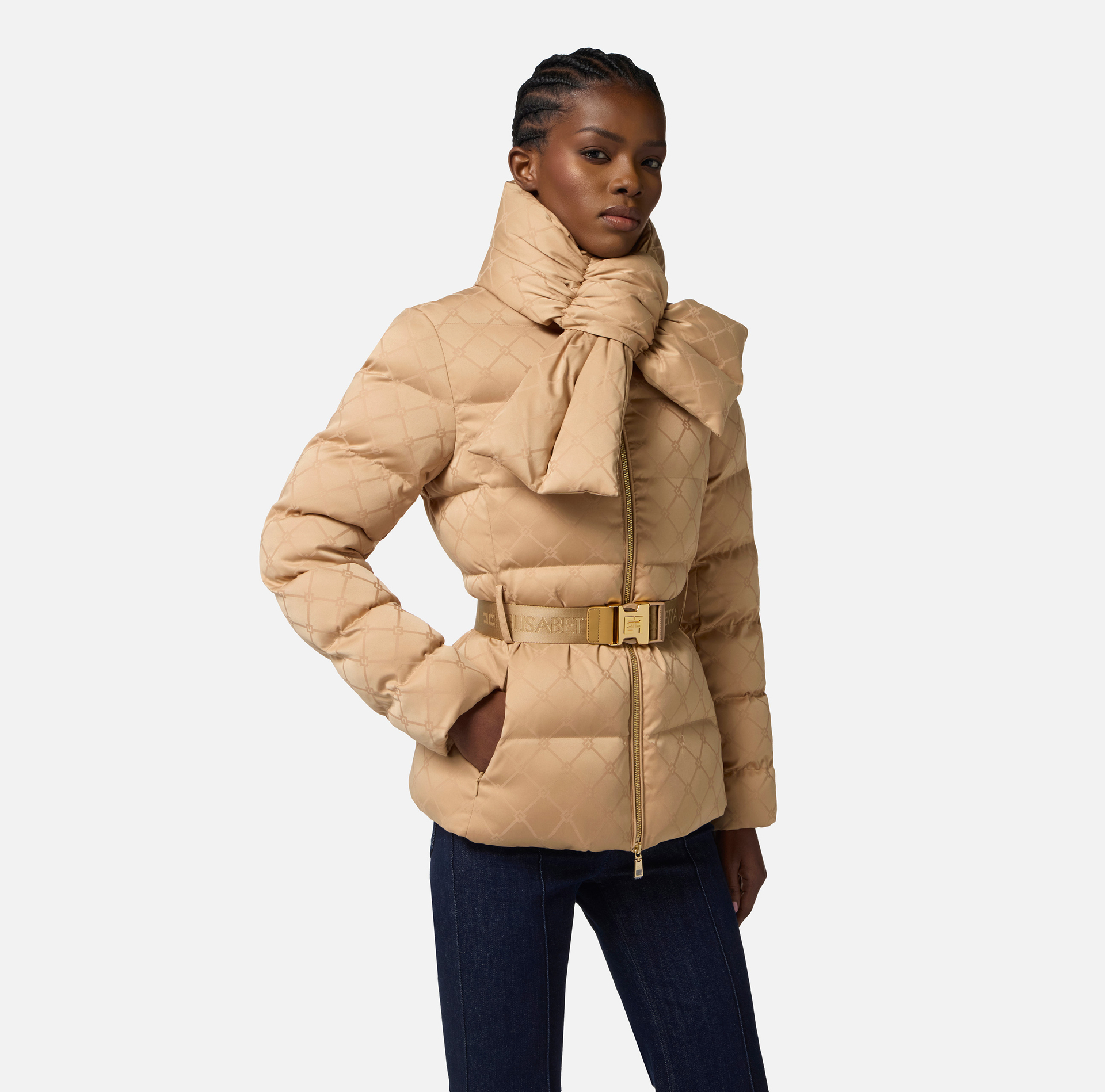 Down jacket in jacquard voile fabric with belt - Elisabetta Franchi