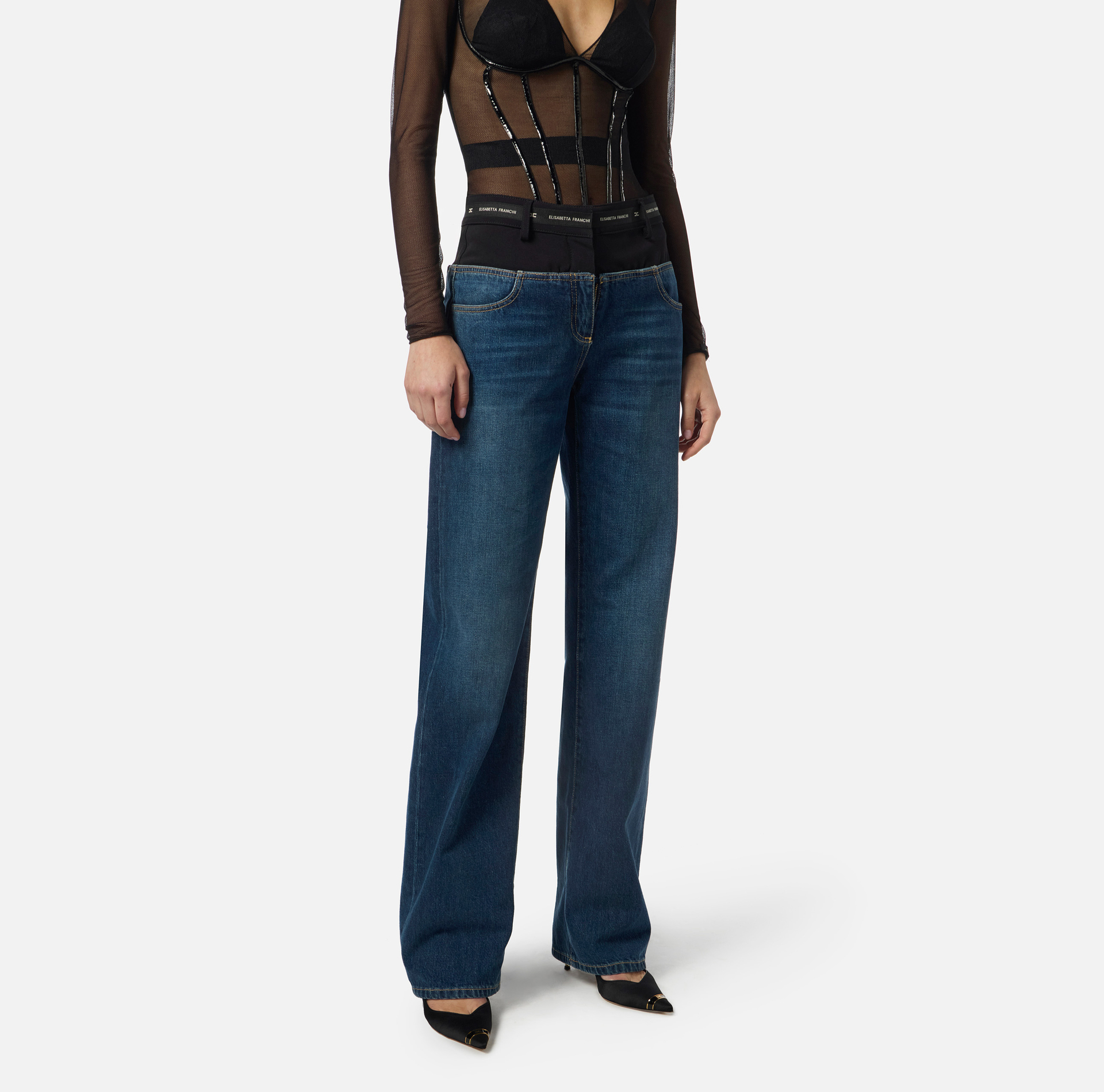 Pantaloni in denim e crêpe leggero - Elisabetta Franchi