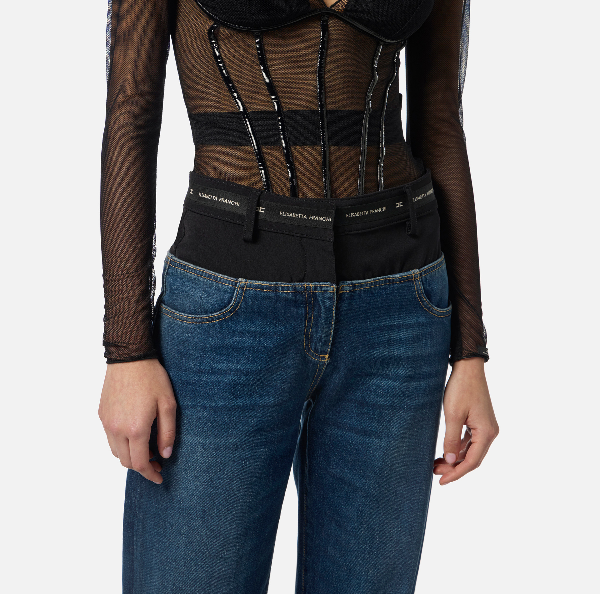 Pantaloni in denim e crêpe leggero - Elisabetta Franchi