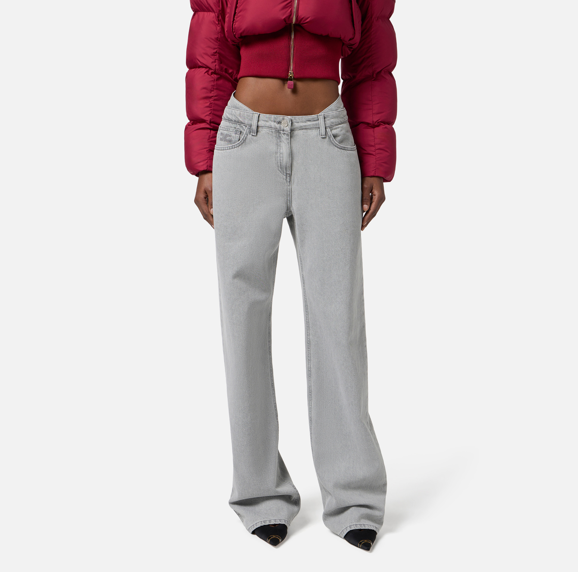 Pantalón denim con cinturilla doble y logotipo bordado - Elisabetta Franchi