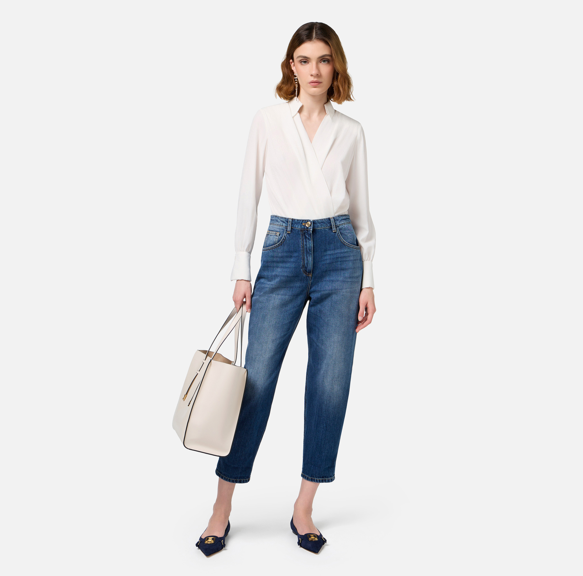 Jeans boyfriend in cotone stretch con risvolto - Elisabetta Franchi