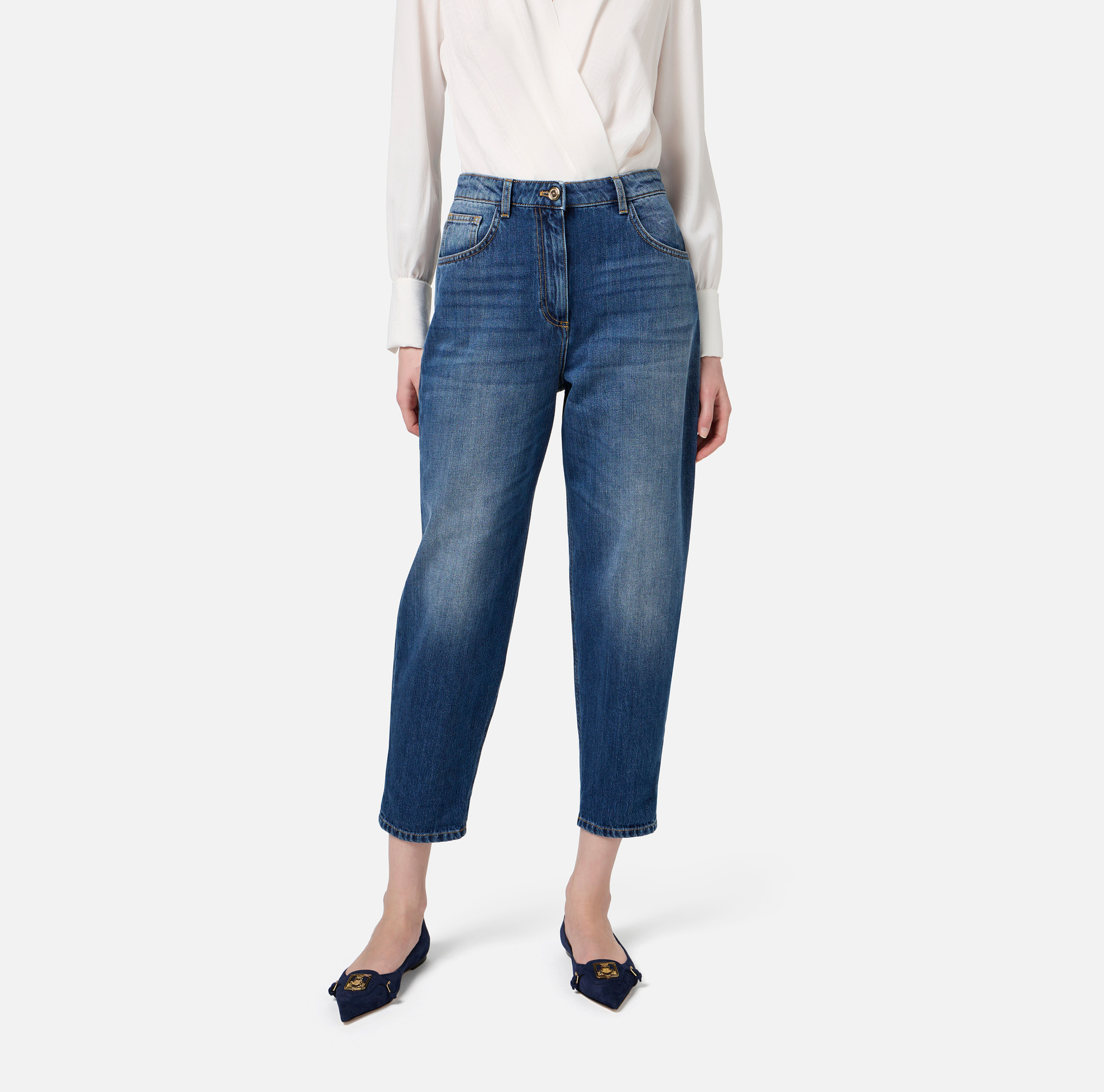 Jeans boyfriend in cotone stretch con risvolto - Elisabetta Franchi