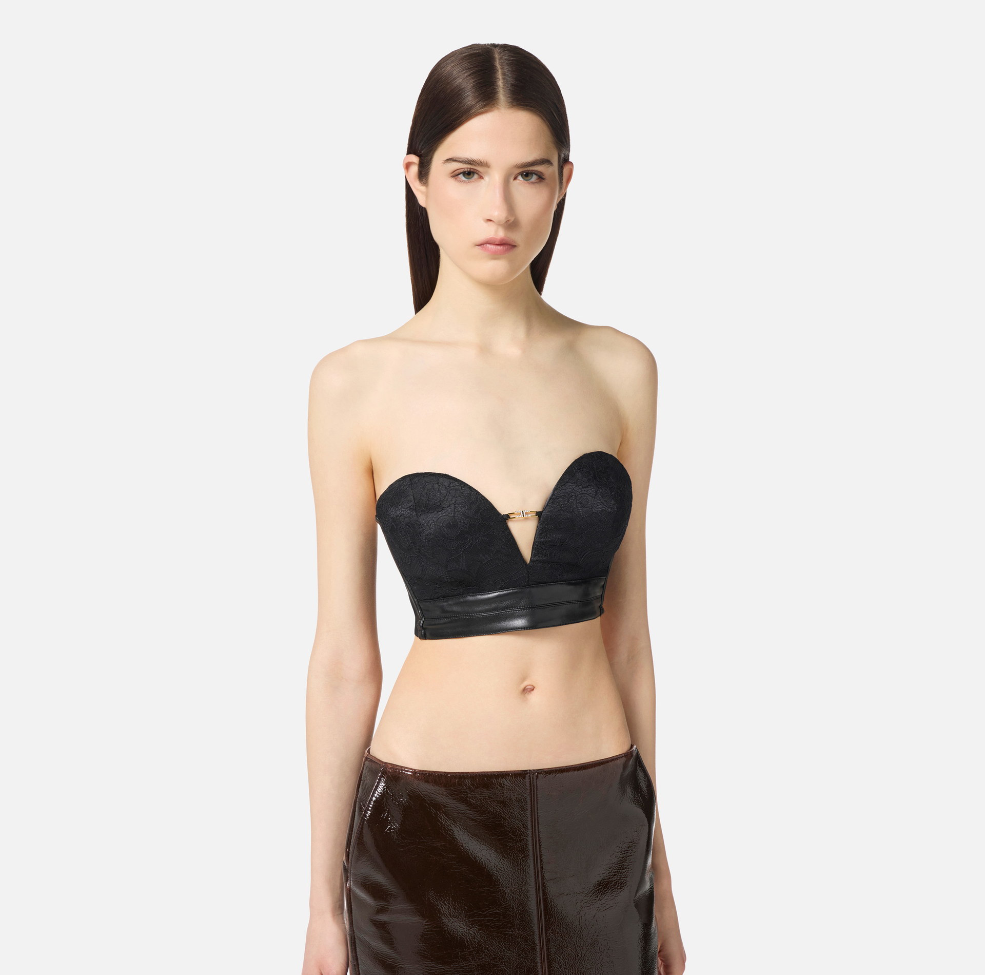 Bustier top in floral lace with jewel logo - Elisabetta Franchi