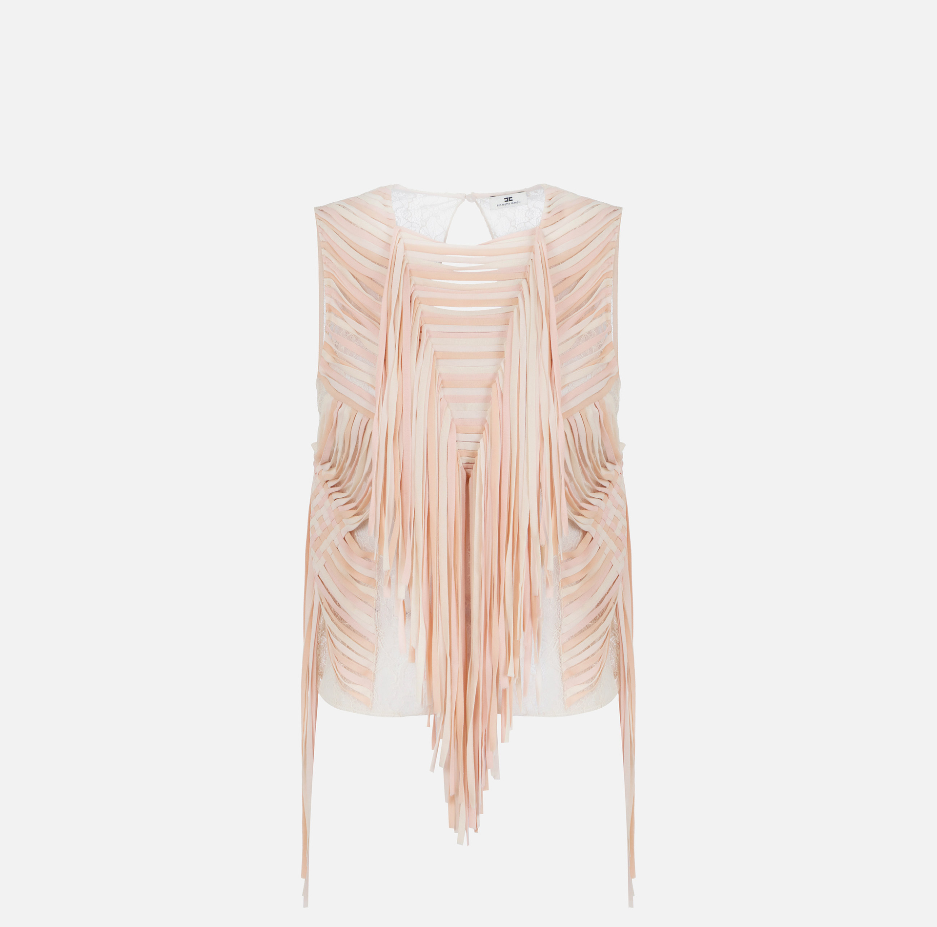 Top in pizzo floreale con frange