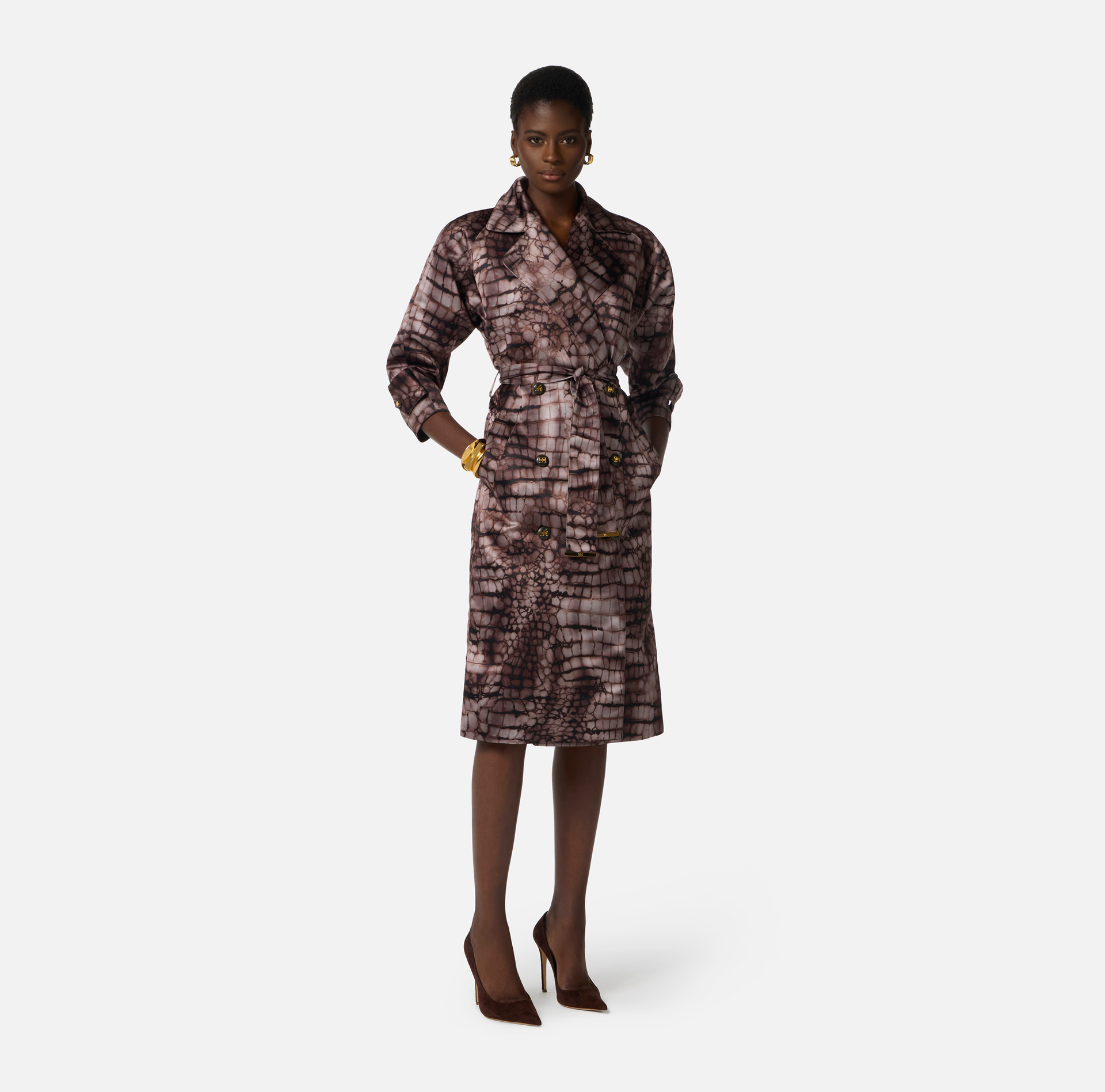 Trench coat in duchess satin fabric with alligator print - Elisabetta Franchi